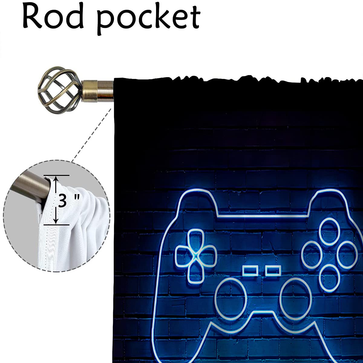 GY Gamepad Gamer Curtains - Thermal Insulated Blackout Curtains with Video Game Controller & Neon Sign Design, 72x63 Inch, Rod Pocket Window Drapes - Perfect for Gaming Rooms, Bedrooms & Home Theaters