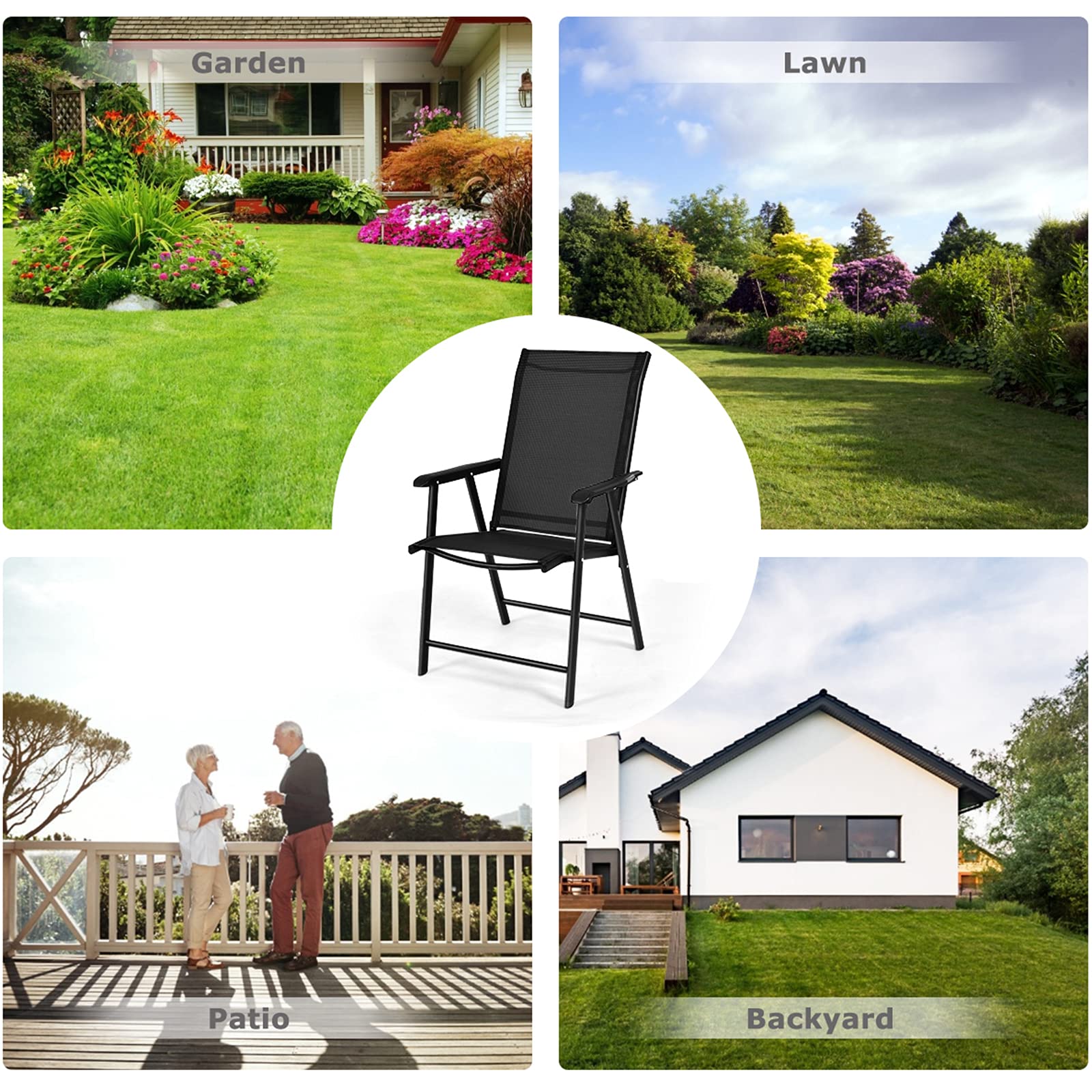SAFSTAR 4-Pack Black Foldable Outdoor Sling Chairs with Armrests - Patio, Lawn, Garden, Backyard, Poolside & Porch Seating - Heavy Duty Folding Chairs for Camping, Picnics, Beach & BBQs