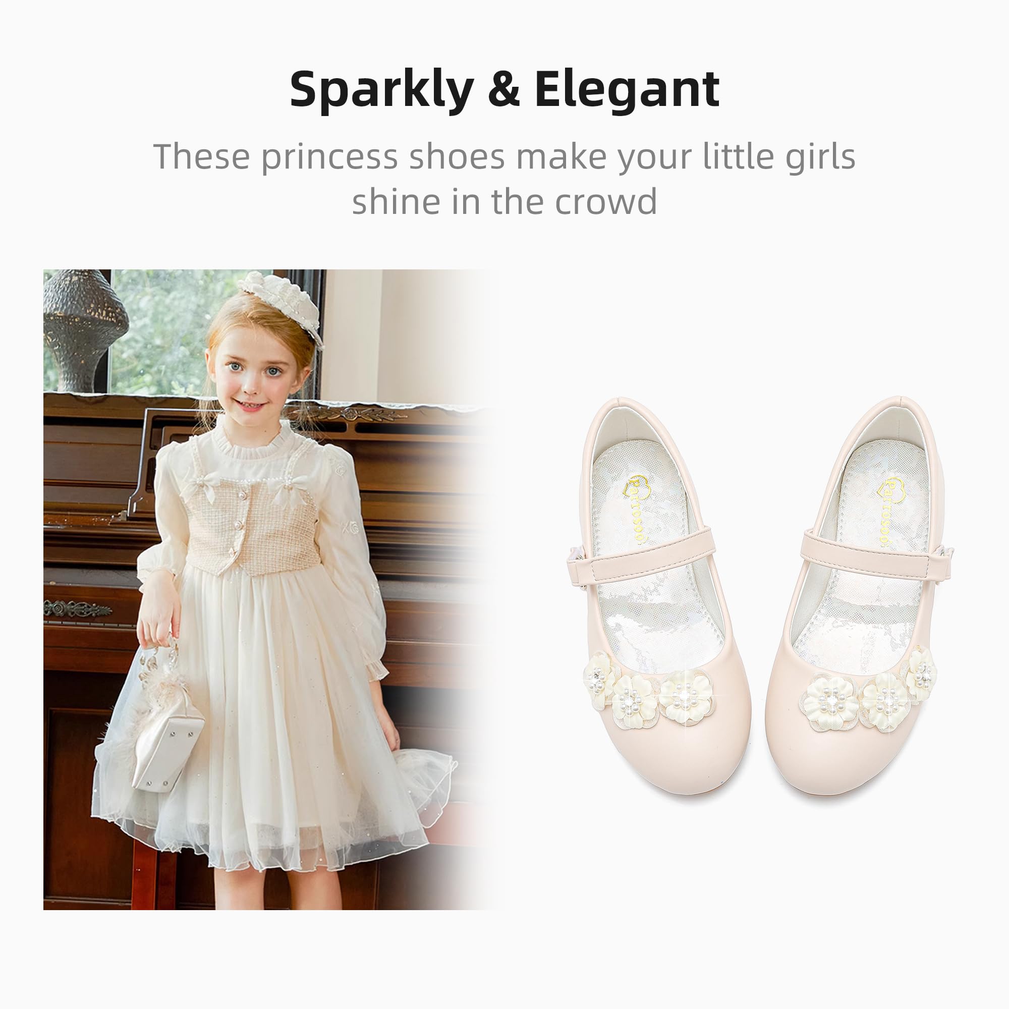 **Toddler Girls Flower Girl Shoes - Princess Wedding Flats with Low Heel for Little & Big Kids - Perfect for Weddings, Parties & Special Occasions**