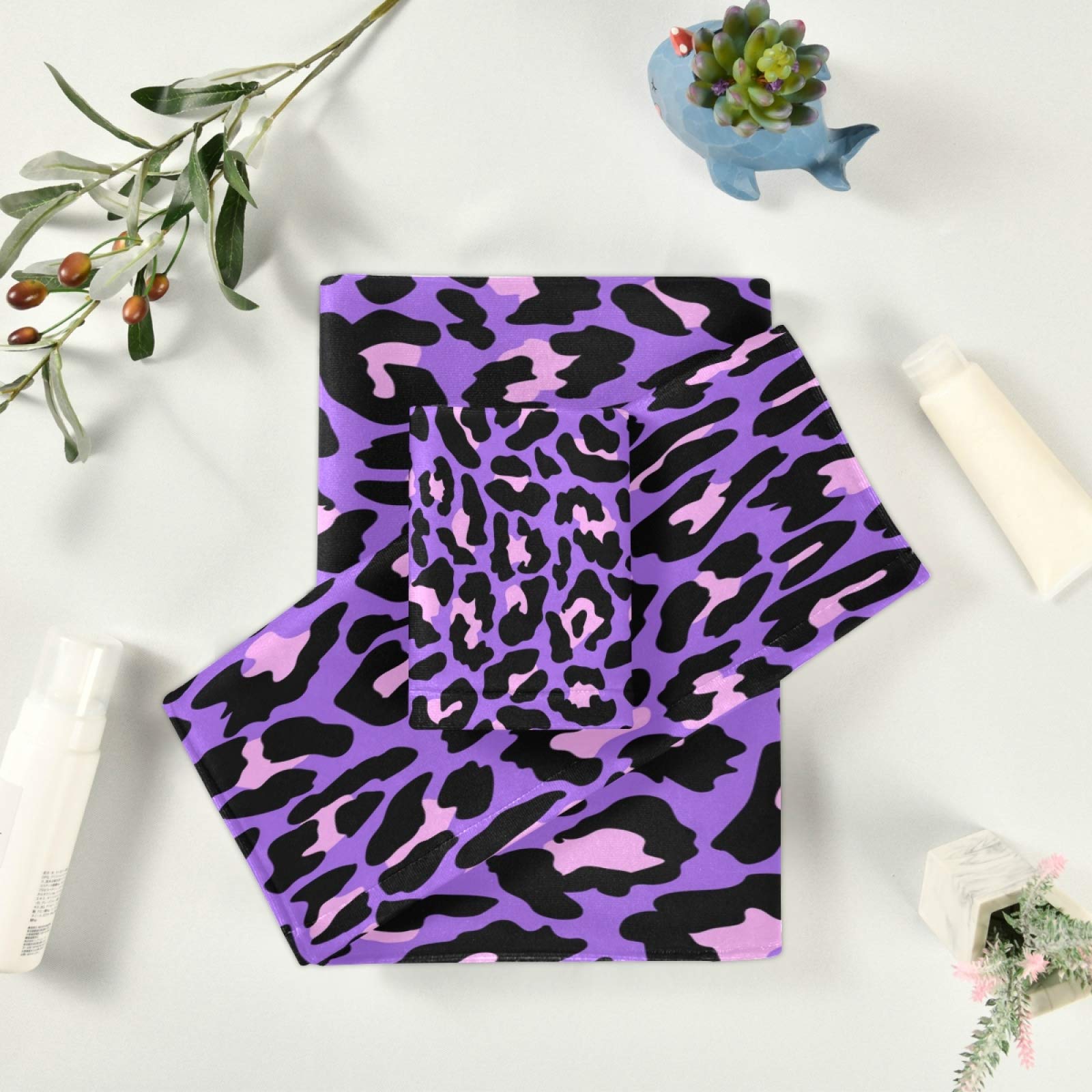 Premium Soft & Absorbent Leopard Print Bath Towels Set of 3 - Purple & Pink Luxury Towels for Home, Spa & Hotel Decor | Quick-Drying & Plush for Bathroom, Pool & Beach Use