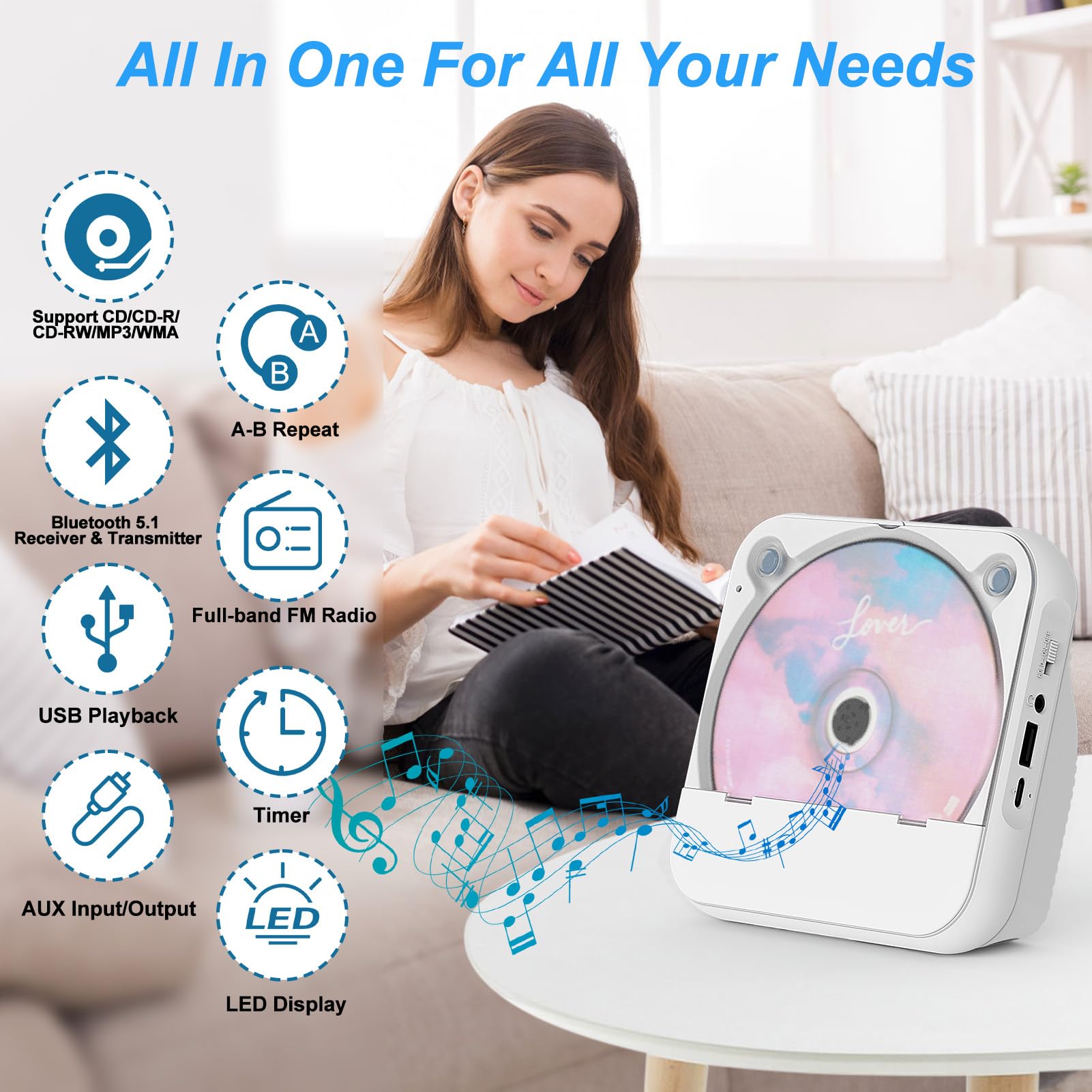 Lehwey Portable CD Player with Bluetooth 5.1 & Speakers - Rechargeable Mini Desktop Music Player, FM Radio, Anti-Skip Protection, Remote, Aux - Perfect for Home, Office, and Kpop Enthusiasts