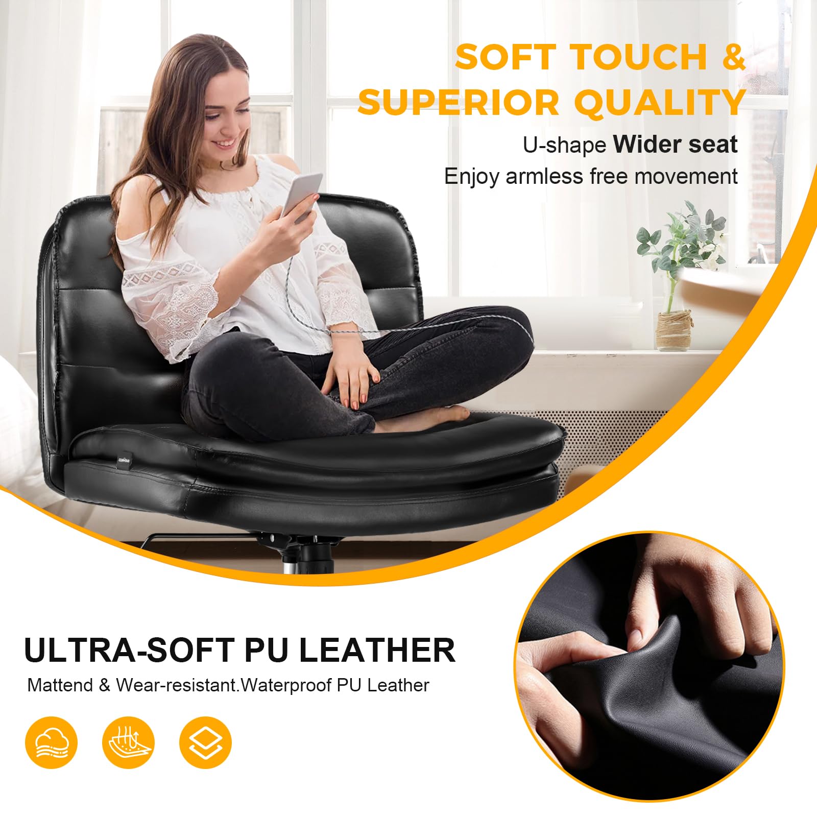 Criss Cross Legged Office Chair with Wheels - Armless Swivel Desk Chair, Wide Seat & Height Adjustable Mid Back - Perfect for Home Office, Computer Work & Vanity Desks