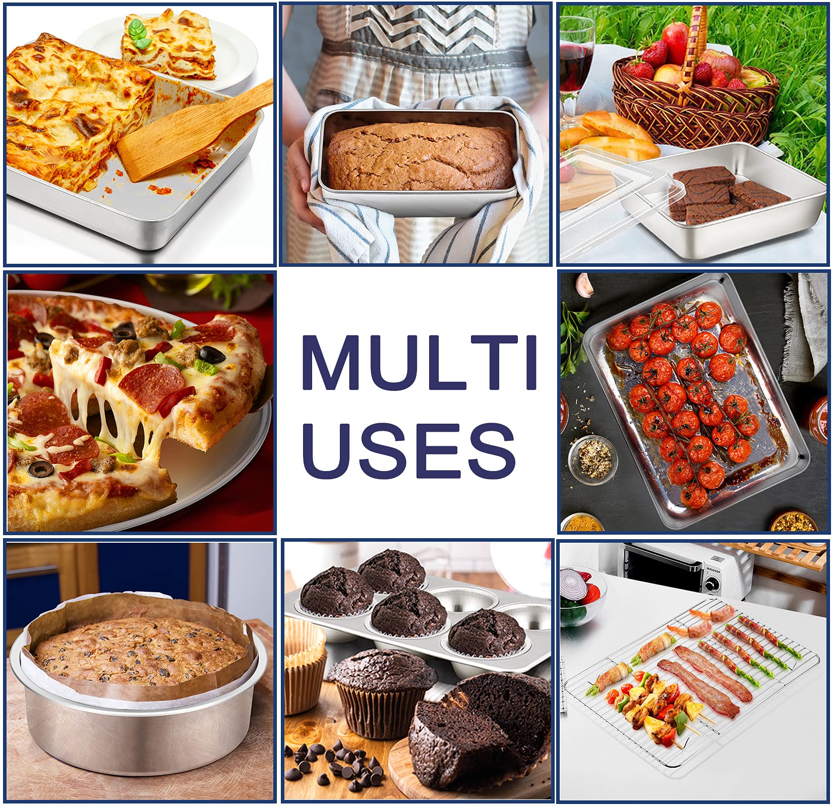 12-Piece Stainless Steel Baking Pans Set - P&P CHEF Premium Bakeware Kit with Baking Sheet, Cake Pans, Lasagna Pan, Loaf Pan, Muffin Pan & Pizza Tray (Includes 2 Covers & Rack) - Durable Oven Safe for Baking, Cooking & Meal Prep - Perfect for Home Bakers & Professional Chefs