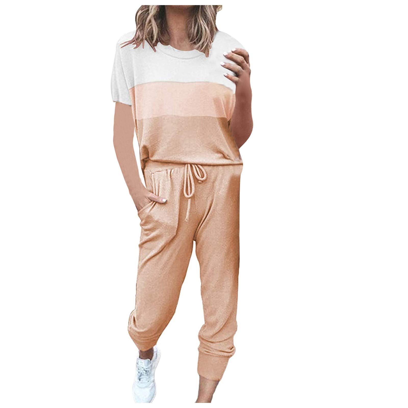 Women's Casual Solid Color Short Sleeve Sportswear Set - Comfortable Home & Lounge Outfit with Blue Pants - Perfect for Yoga, Running, and Relaxing at Home