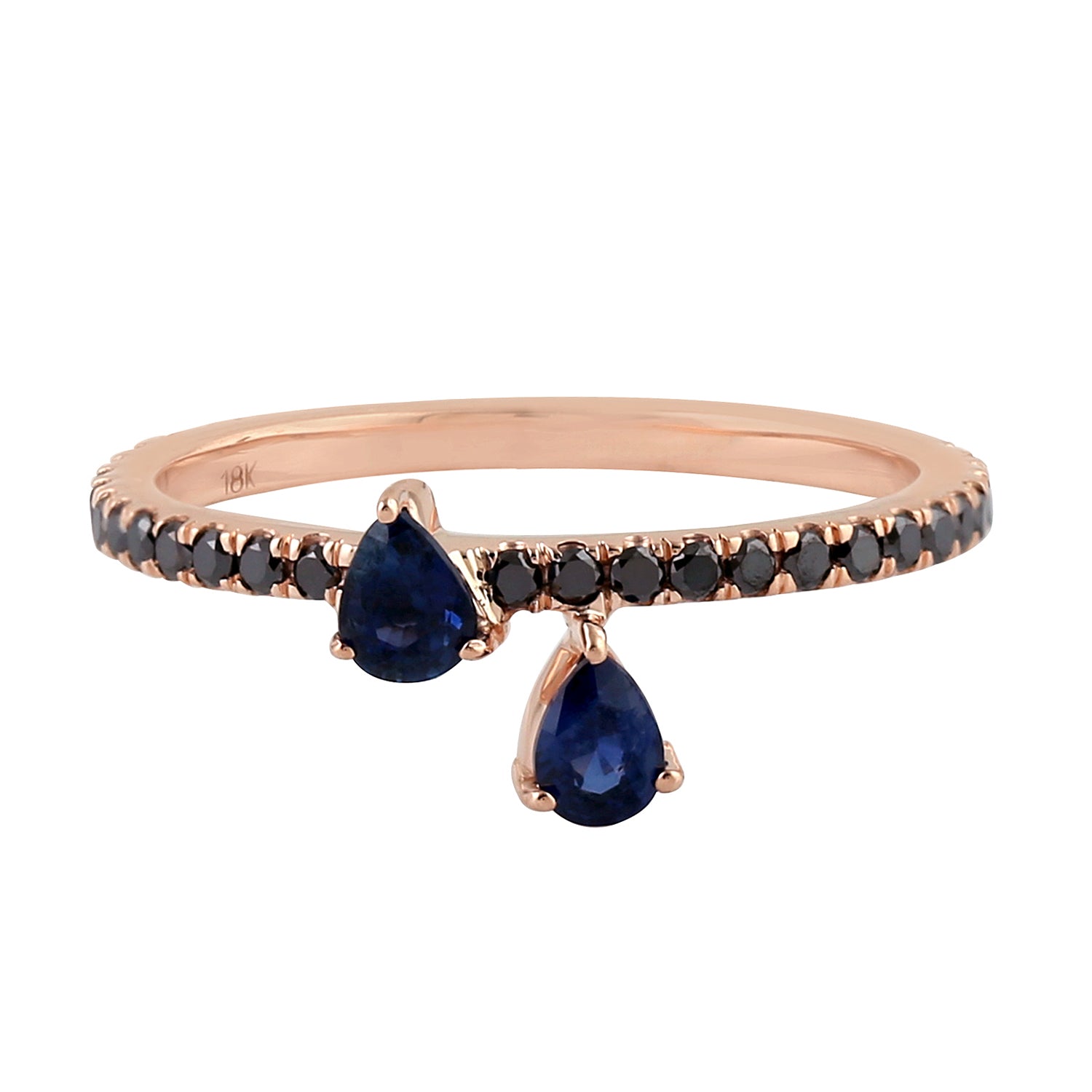 18K Rose Gold Prong Pear Blue Sapphire Pave Black Diamond Band Ring for Women - Elegant Wedding, Engagement & Anniversary Jewelry Gift