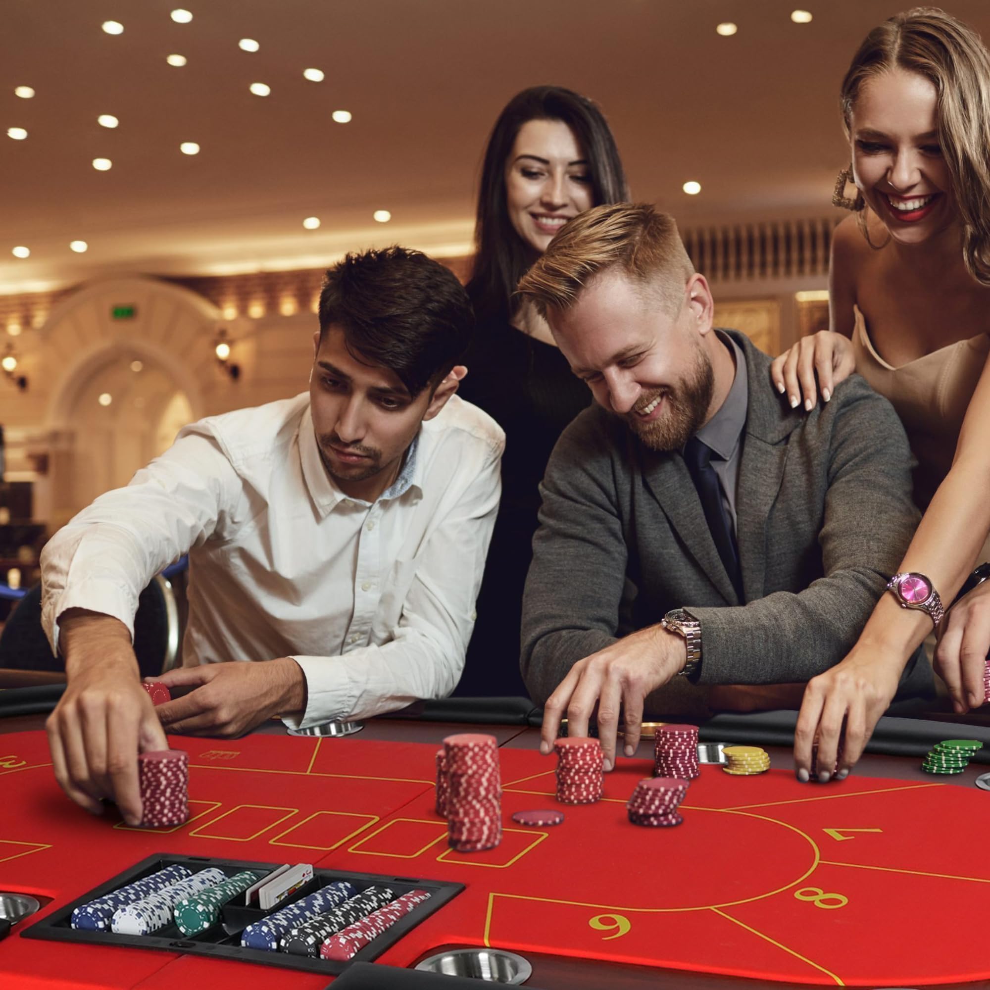 Premium 10 Player Foldable Poker Table with Cup Holders - 84 Inch Portable Texas Holdem Table with Chip Tray & Padded Rails - Casino Style Folding Card Game Table in Stylish Red - Perfect for Home Game Nights, Poker Parties & Casino Themed Events