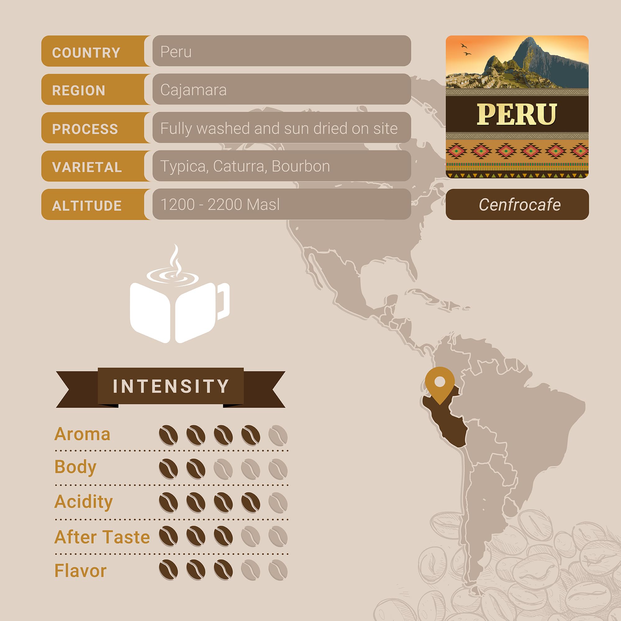Premium Peru Cenfrocafe Single Origin Fresh Roasted Ground Coffee - 12 Ounce Bag | 100% Arabica Beans | Rich Flavor & Aroma | Perfect for Home Brewing, Office Use & Gifts