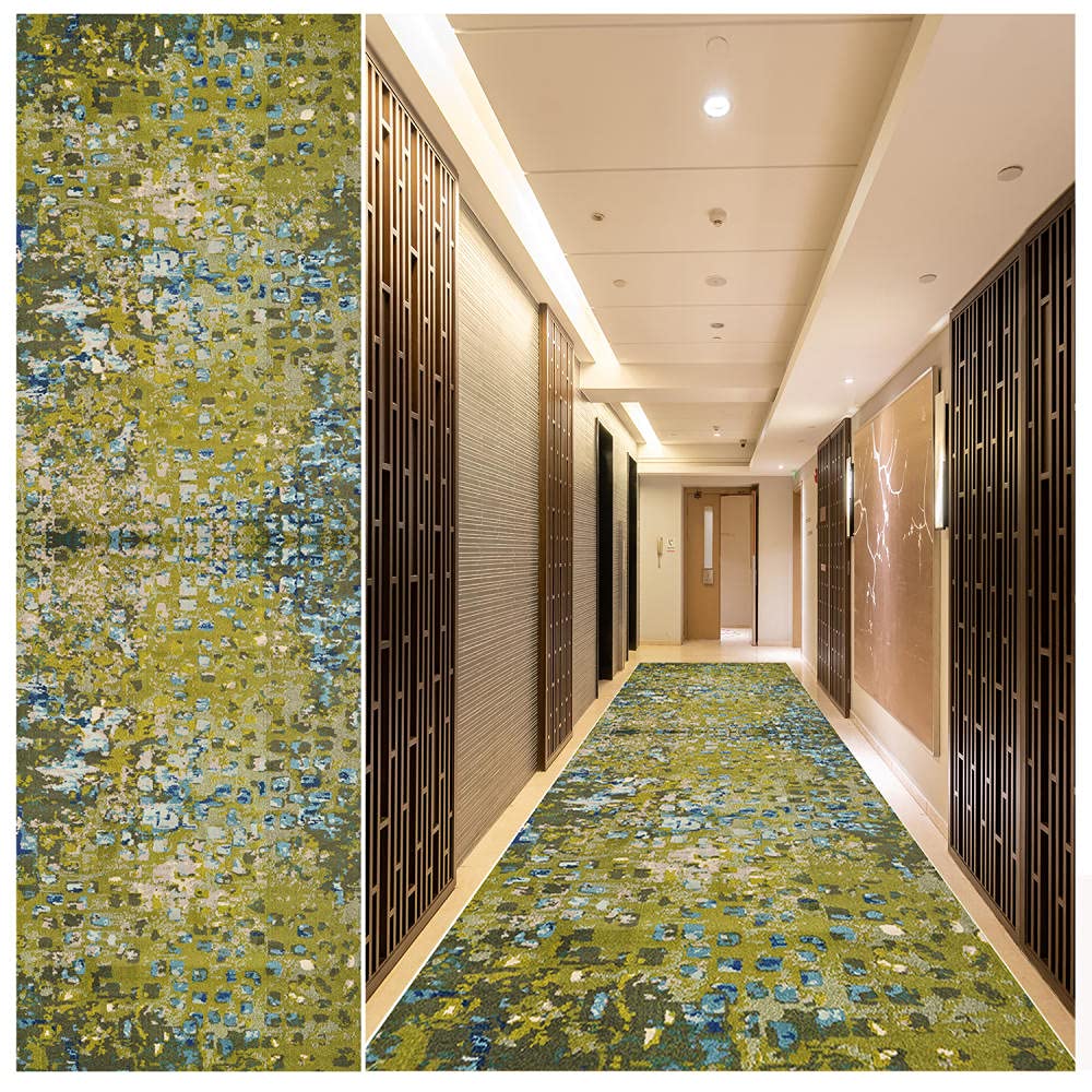Non-Slip Washable Abstract Runner Rug 2' x 13' - Stain Resistant Rubber Backing Carpet for Hallway, Kitchen, Living Room, Bedroom & Entryway - Mottled Emerald/Blue Design for Home Decor & High Traffic Areas