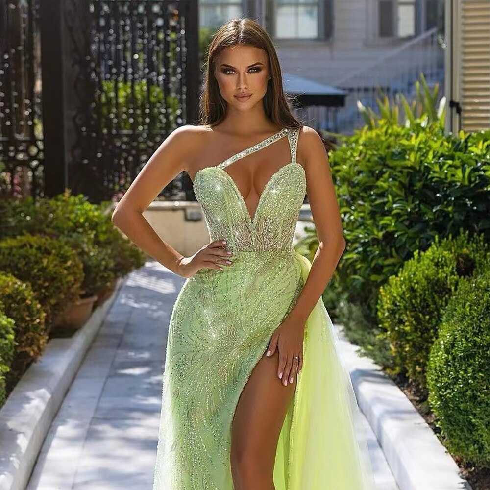 Elegant One Shoulder Spaghetti Strap Mermaid Evening Dress with Beaded Detail & High Slit - Women's Formal Gown for Prom, Party & Special Occasions - Serene Hill Lemen LA71982