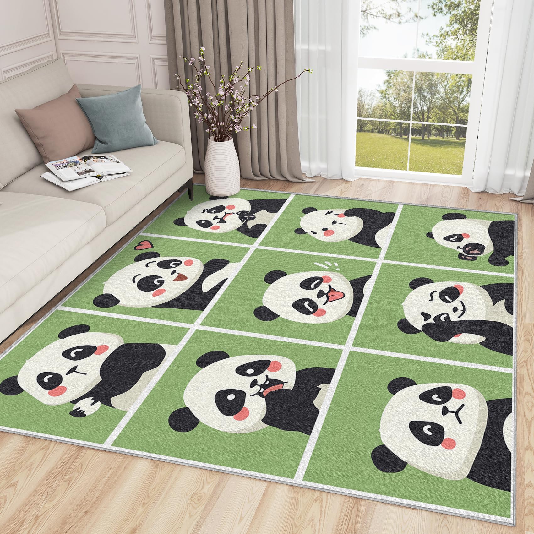 SherAvant 5x6 Panda Area Rug for Kids Room - Cute Cartoon Animal Nursery Rug, Kawaii Green Playroom Carpet - Soft Baby Floor Mat & Panda-Themed Home Decor Gift (Perfect for Nursery, Playroom, Bedroom Decor)