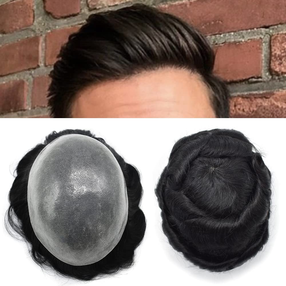 **Men's Full Poly Thin Soft Human Hair Toupee - Transparent Skin Replacement Wig - Durable PU Hairpiece for Men (#1710 Dark Ash Blonde with 10% Synthetic Grey) | Natural Look for Daily Wear, Parties & Special Events**