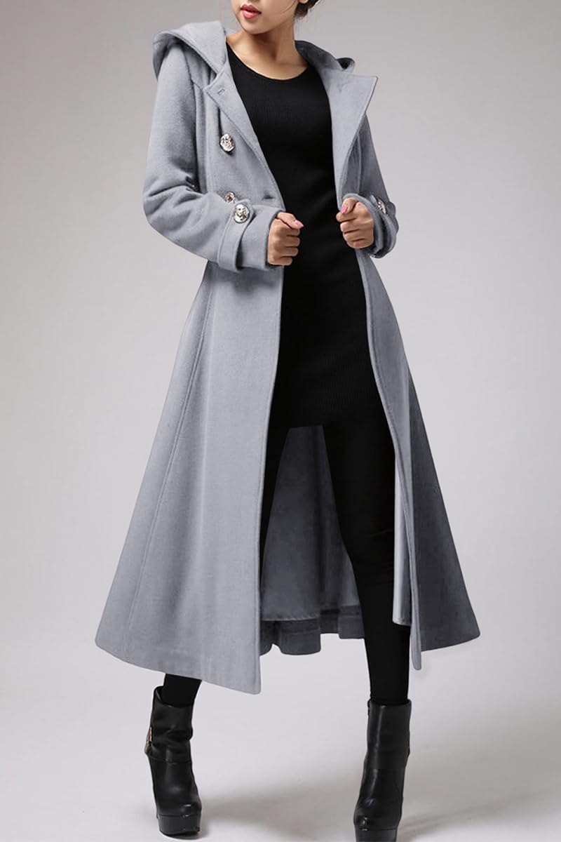 Women's Long Double-Breasted Hooded Wool Trench Coat with Belt - Winter Warm Overcoat for Ladies, Perfect for Office, Dating & Cold Weather Fashion