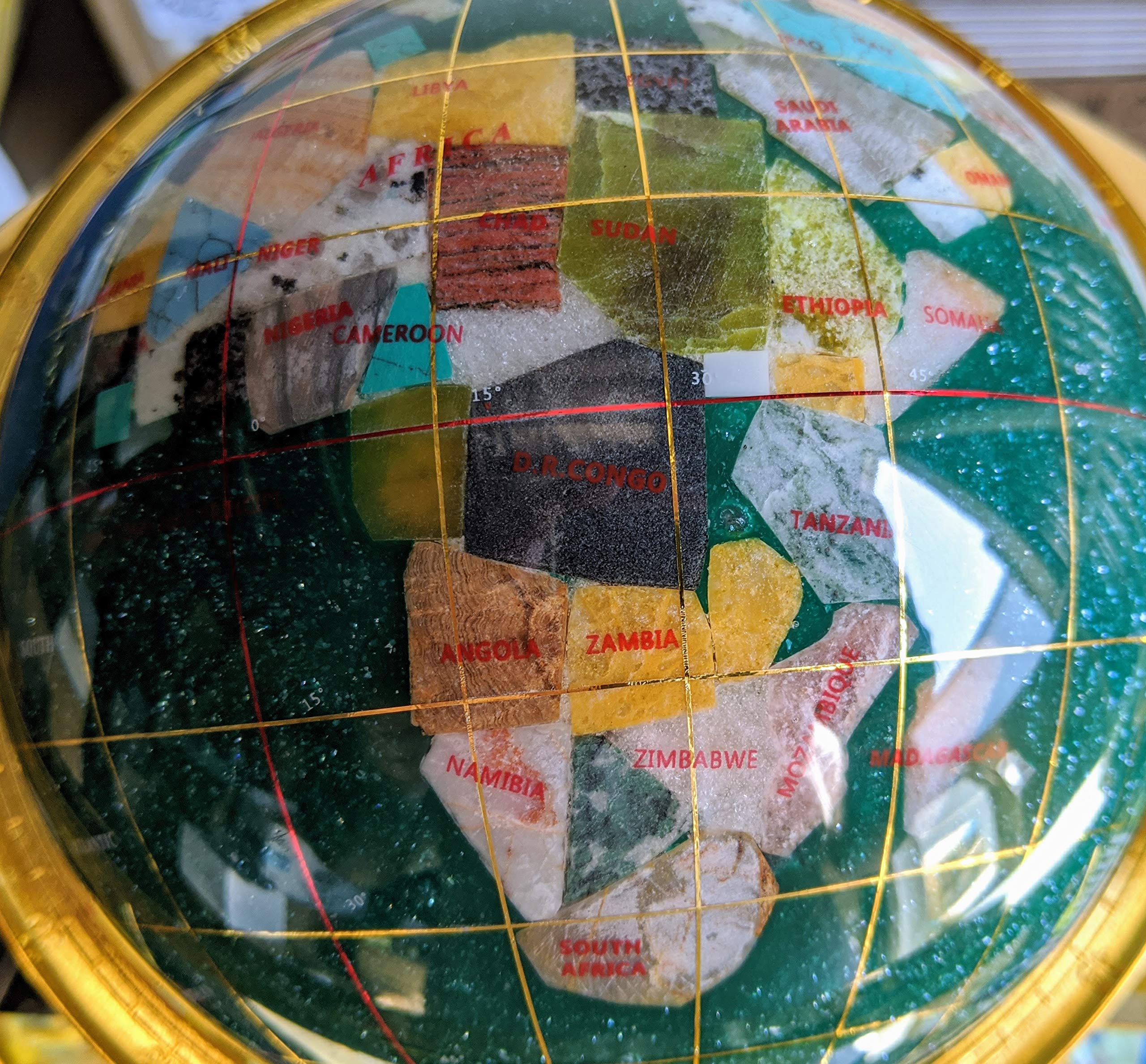11-Inch Green Crystallite Ocean Gemstone Globe with 3-Leg Gold Stand - Unique Handcrafted Art Piece Since 1996 - Perfect for Home Decor, Office Desk & Gift Giving