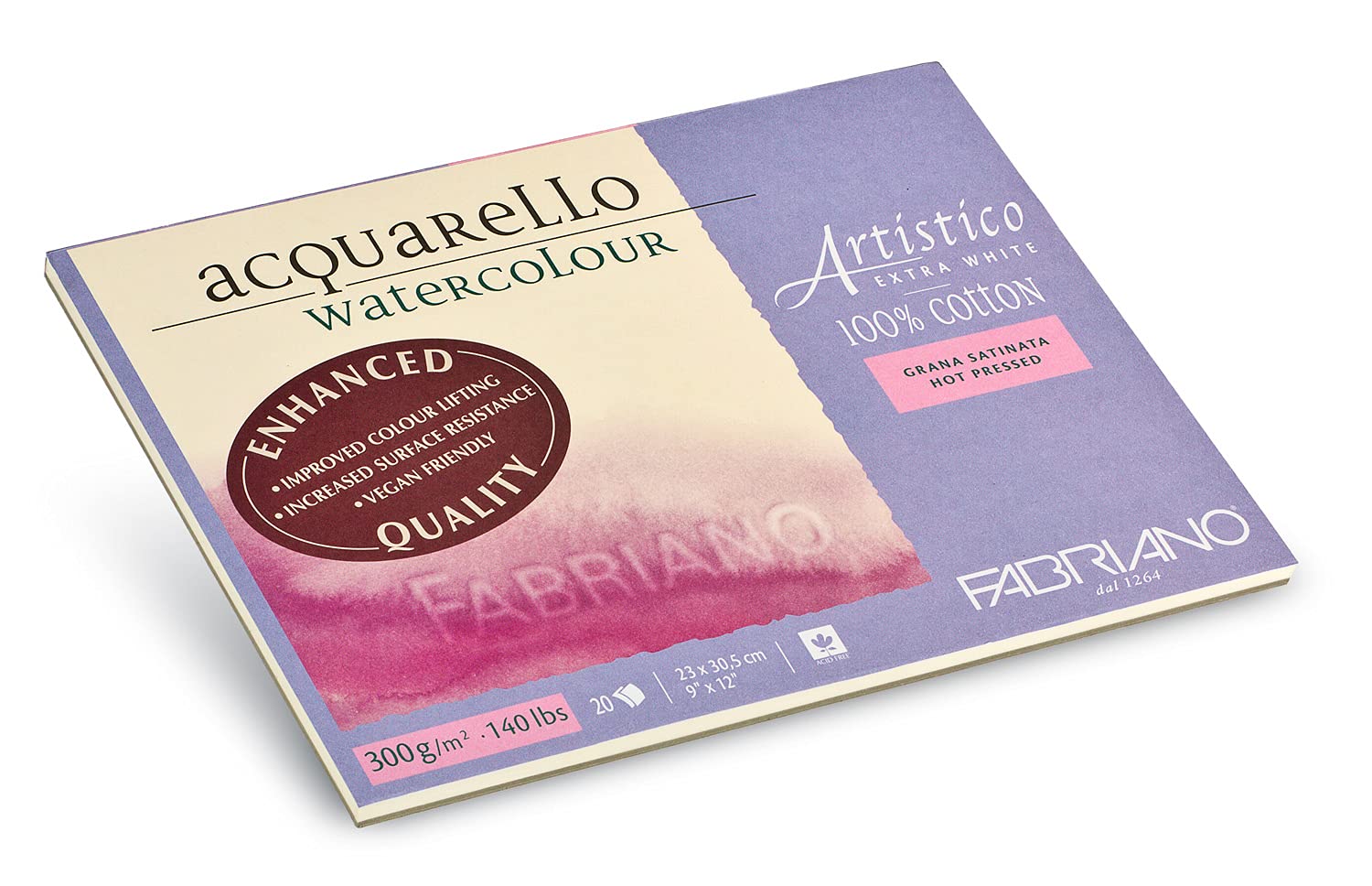 Fabriano Artistico Watercolor Block 9x12 Inches - Extra White Cold Pressed Paper for Professional Artists & Beginners - Perfect for Watercolor Painting, Sketching & Mixed Media Art