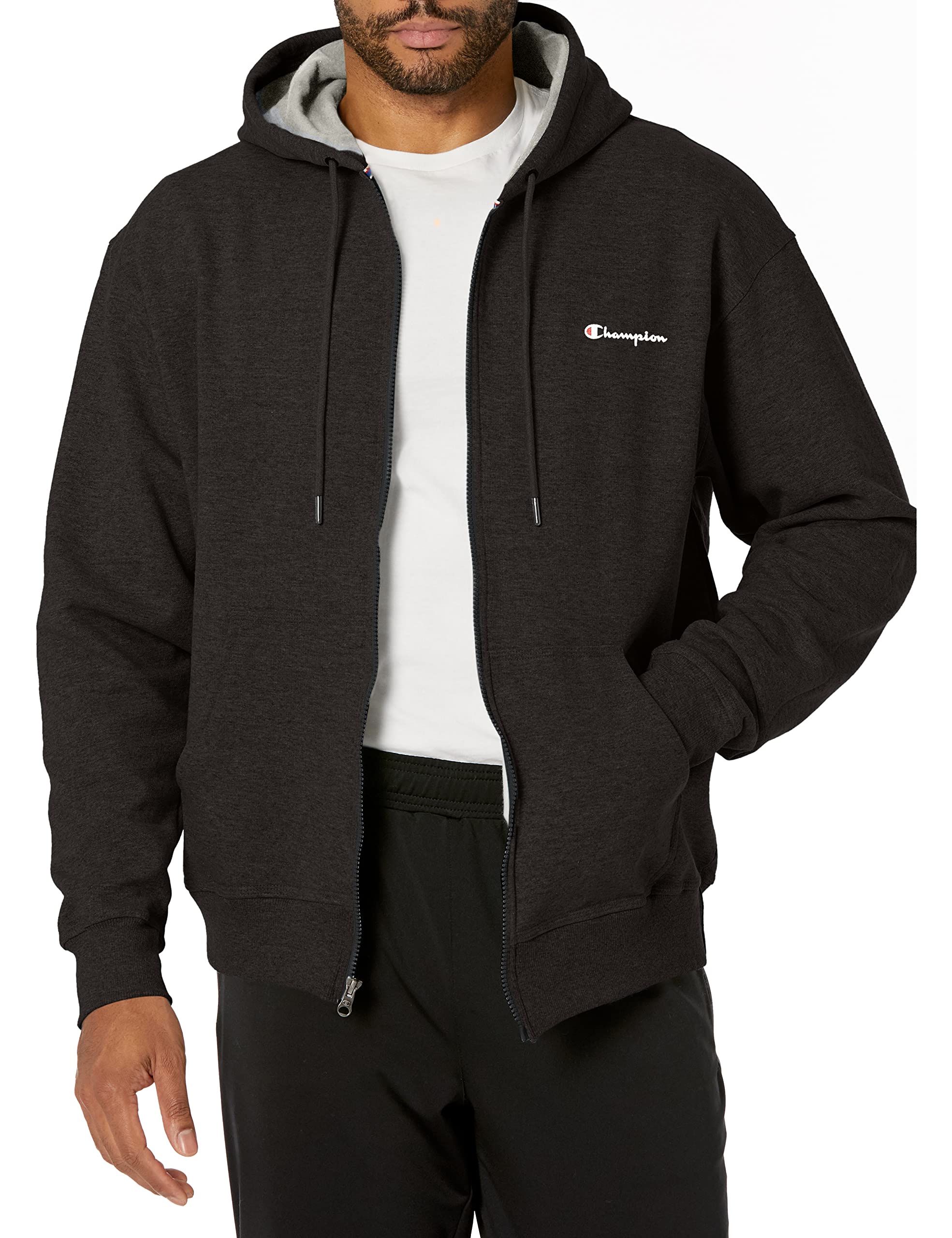 Champion Men's Powerblend Full Zip Hoodie - Lightweight Fleece-Lined Hooded Jacket for Gym, Running & Casual Wear - Breathable Zip-Up Sweatshirt for Workouts & Outdoor Activities - Perfect for Jogging, Hiking, Travel & Lounge Wear - Ideal for Street Style, Coffee Runs & Weekend Errands
