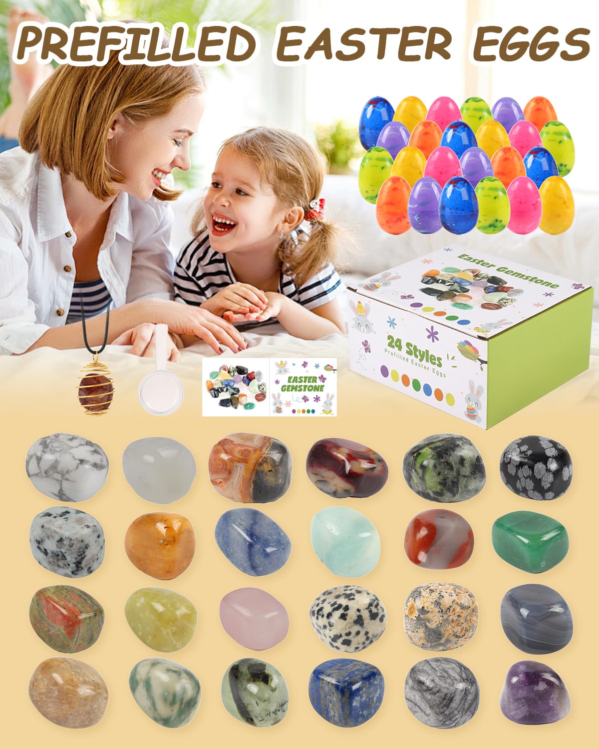 24 Pack Gem Filled Easter Eggs - Colorful Prefilled Party Favors with Gemstones for Kids, Birthday Prizes, Easter Basket Stuffers & Classroom Exchange Gifts (Boys & Girls) - Perfect for Easter Hunts, Birthday Parties & School Events
