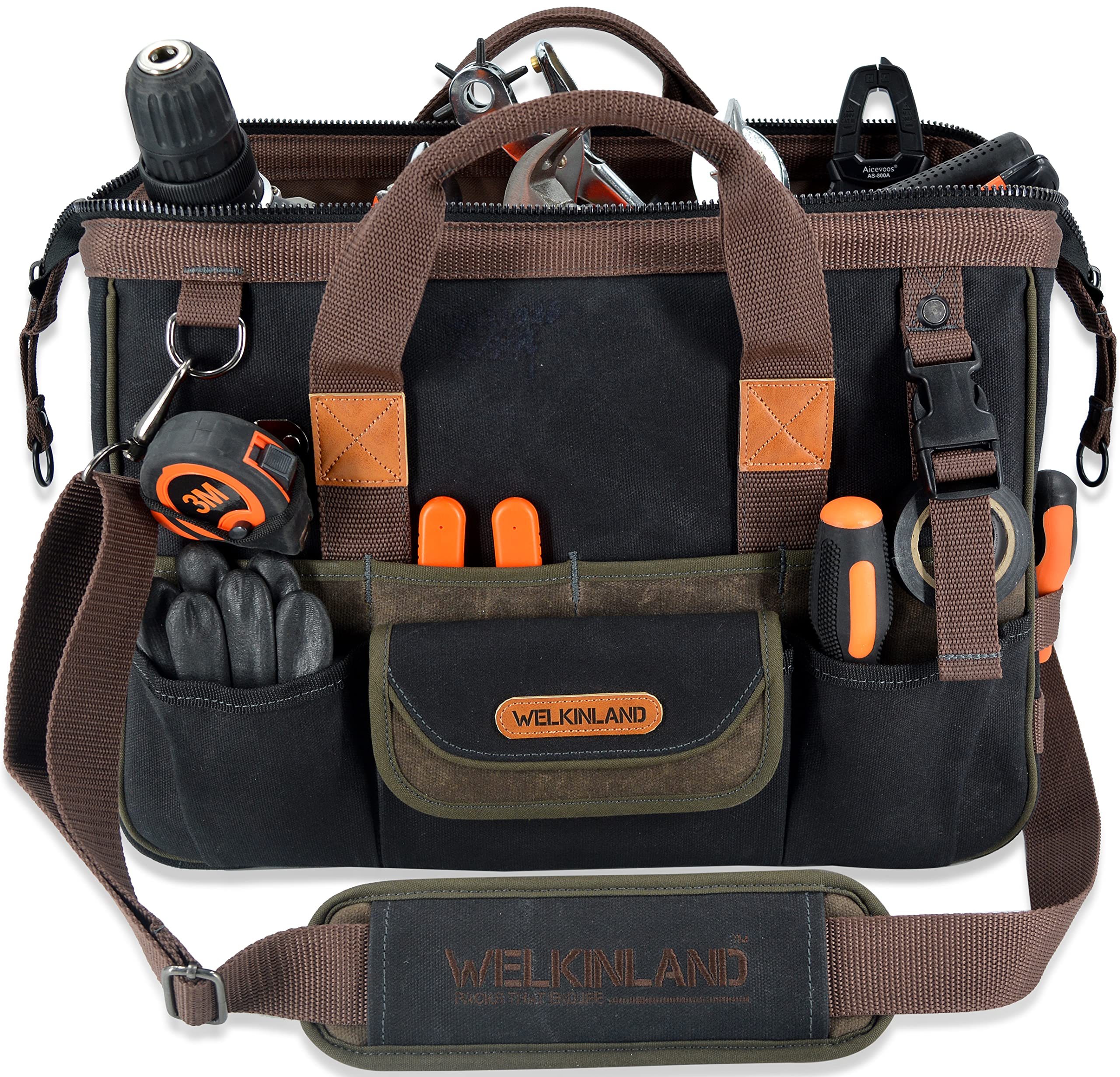 WELKINLAND 32-Pocket Heavy Duty Waxed Canvas Tool Bag - Electrician & HVAC Tools Organizer with 16