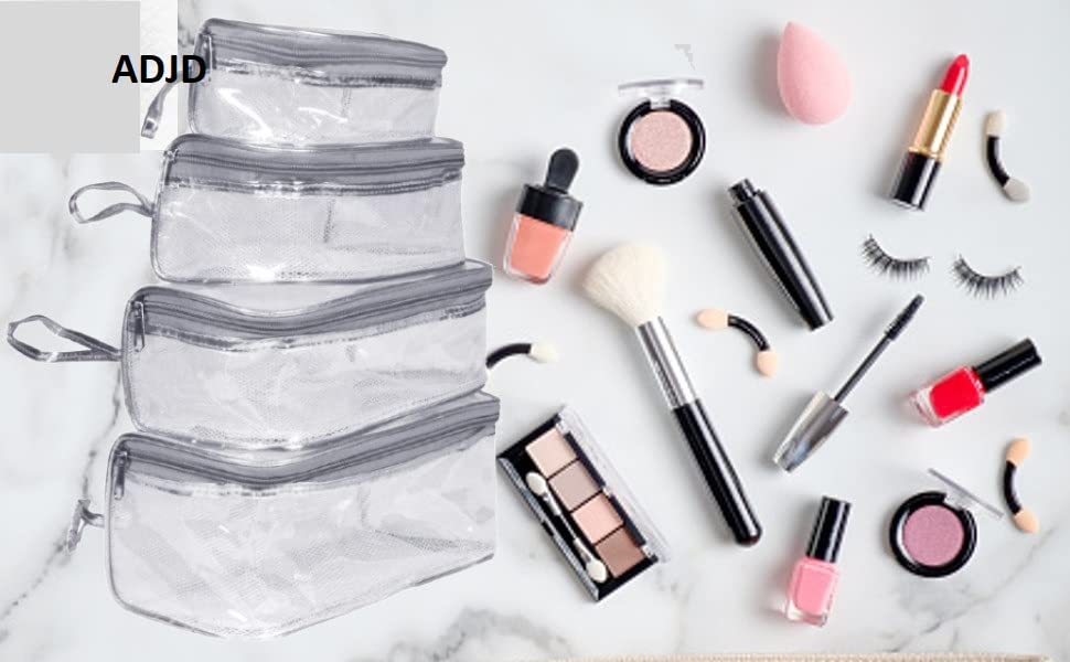 Transparent Cosmetic Pouch Set - 4 Travel Toiletry Bags for Makeup & Jewelry Storage (Silver)