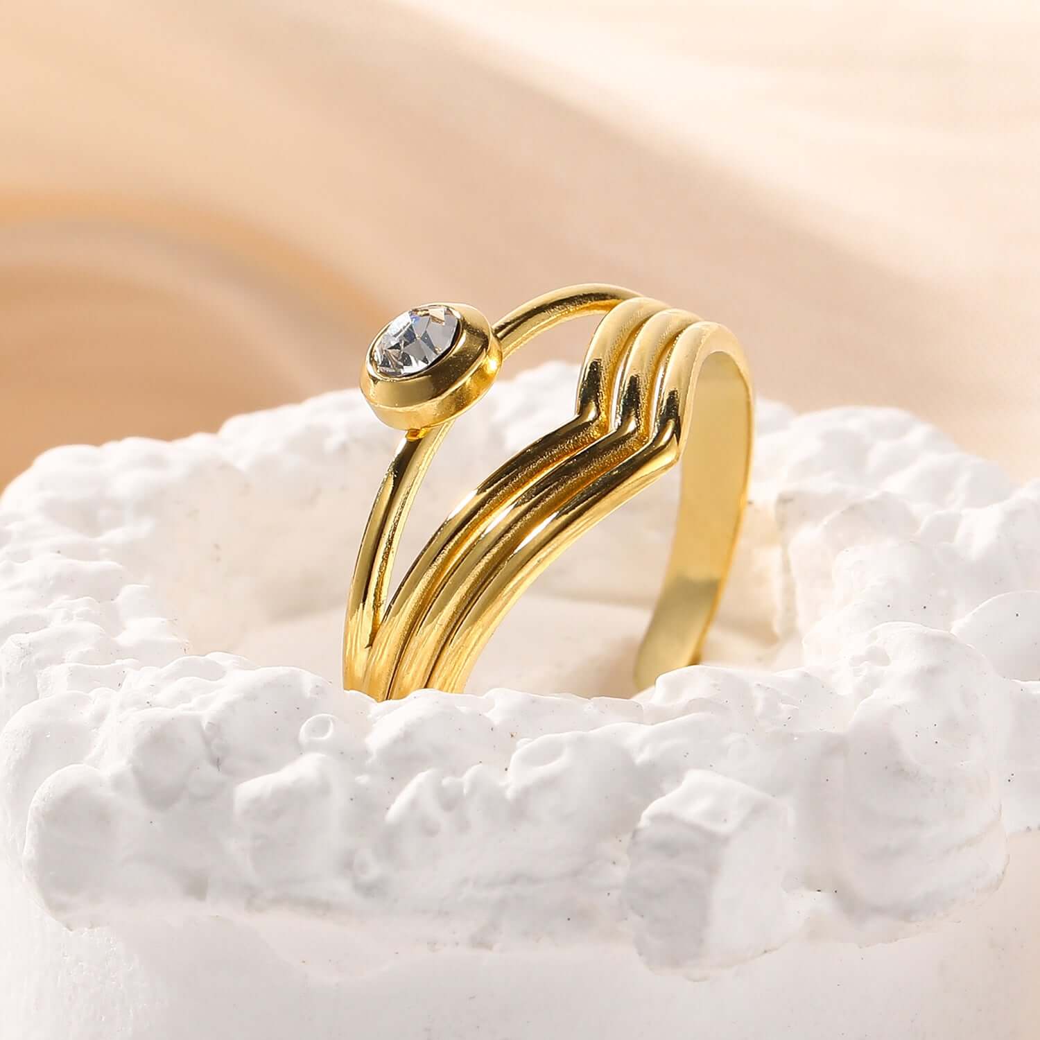 18K Gold Bezel Chevron Ring Stackable - Elegant Dainty Stacking Ring for Women | Perfect for Layering, Everyday Wear & Special Occasions | JDR006