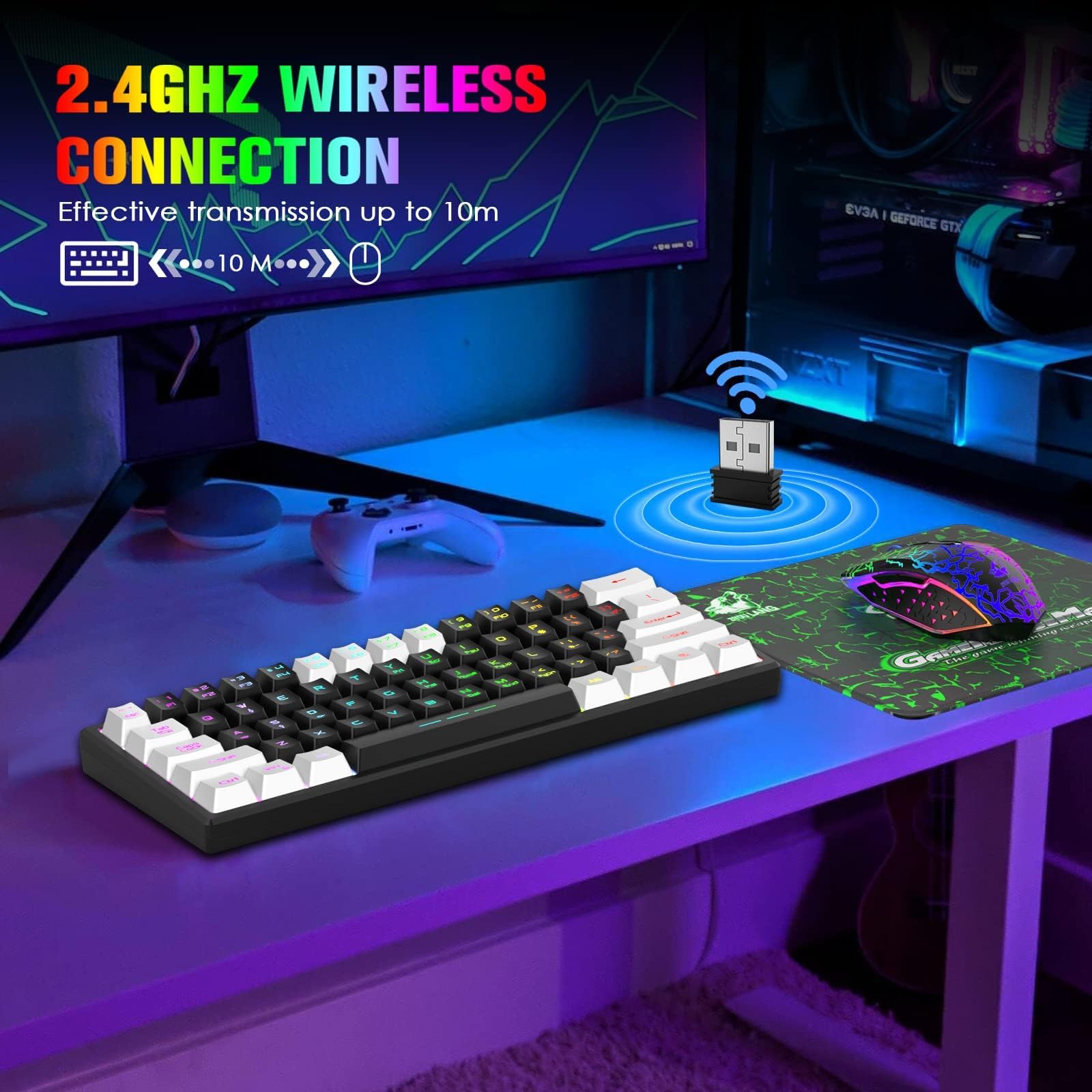 60% Wireless RGB Gaming Keyboard & Mouse Set - Rechargeable, Mechanical Feel for PC/Mac Gamers