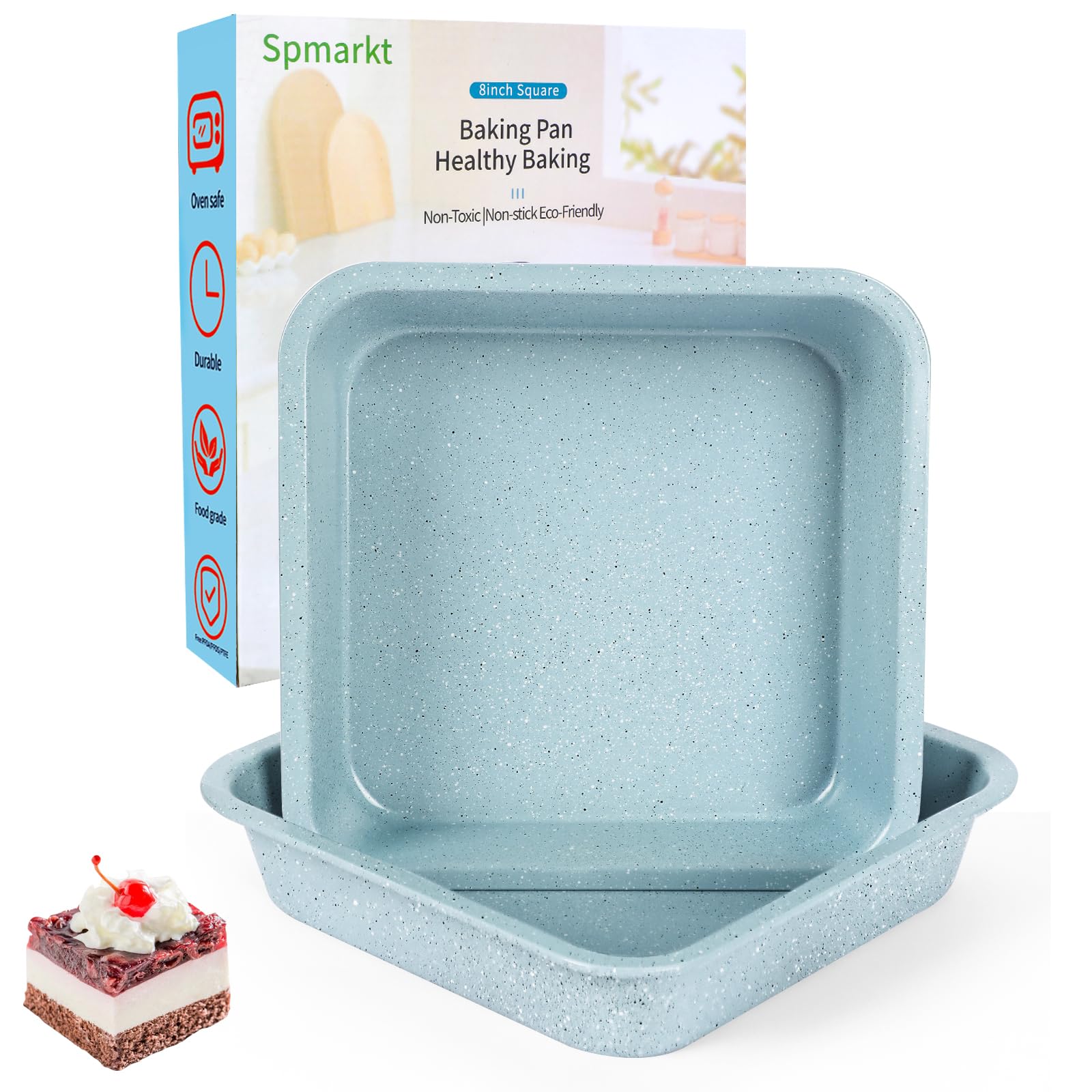 2-Pack 8 Inch Square Baking Pan Set - Nonstick 8x8 Cake Pan for Brownies, Lasagna & Sheet Cakes - Even Heat Distribution, Easy Clean & Durable - Perfect for Home Baking, Parties & Holiday Cooking (Light Blue)