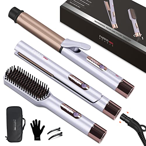 PARWIN PRO BEAUTY 1'' Flat Iron & 1.25'' Curling Iron - 3-in-1 Hair Straightener Brush with Detachable Cord, LED Temperature Control, Instant Heat Up, Dual Voltage - Perfect for Home Use, Travel & Salon Styling