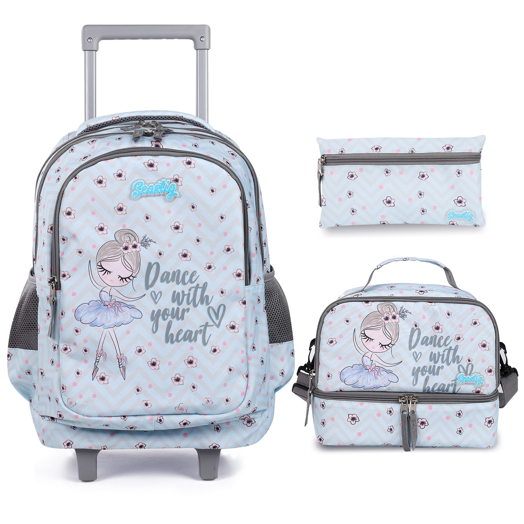 Seastig 18in Rolling Backpack for Kids - Double Handle Wheeled Backpack with Lunch Bag Set | School, Travel & Daily Use for Boys & Girls