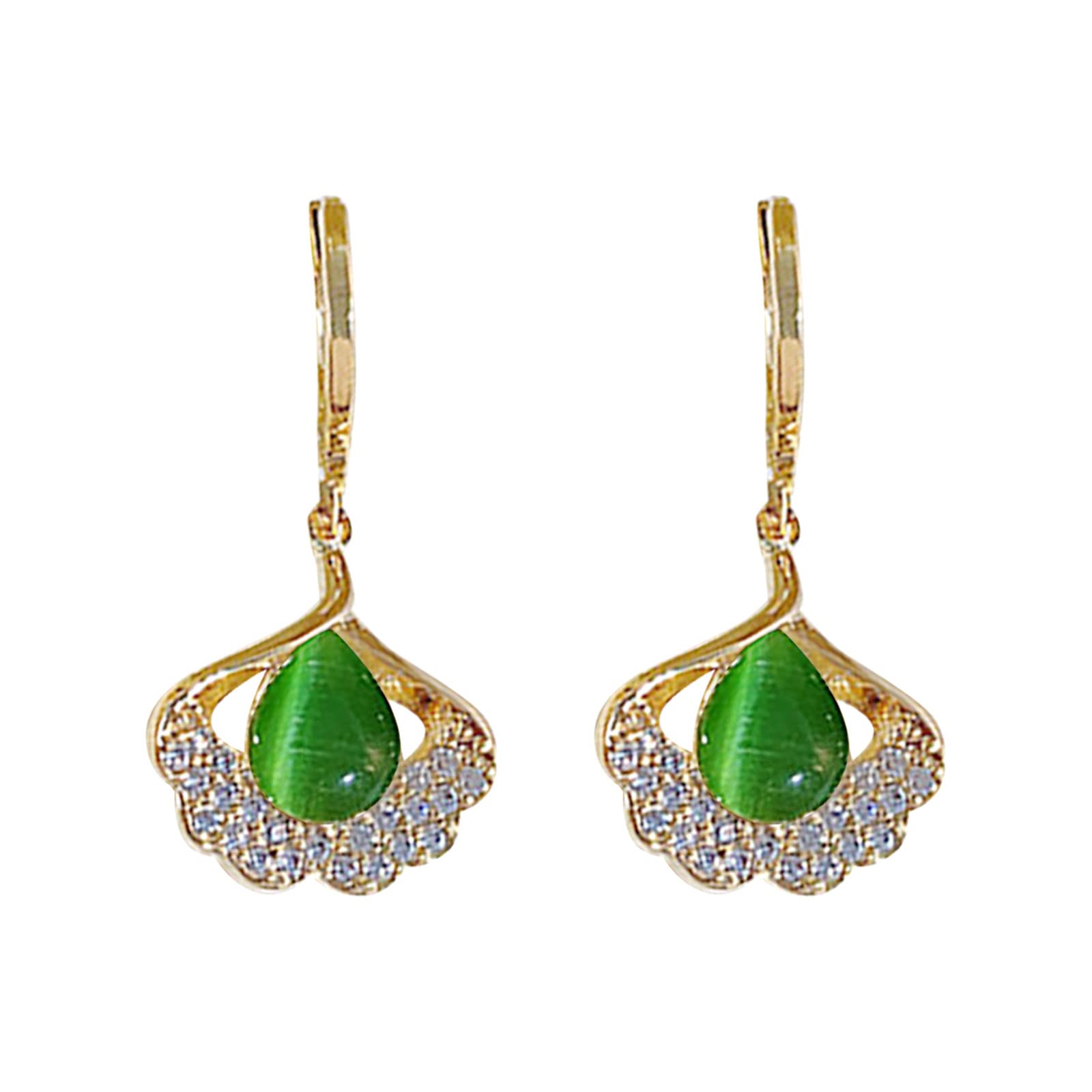 Gold Plated Leaf Cubic Zirconia Cat Eye Dangle Earrings - Trendy Little Hoop Earrings for Women | Perfect for Parties, Weddings & Everyday Wear