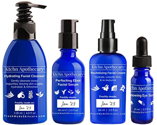 Ktchn Apothecary Natural Anti-Aging 4-Piece Skincare Set - Hydrating Cleanser, Perfecting Serum, Revitalizing Cream & Eye Serum for All Skin Types | Men & Women | $165 Value | Perfect for Daily Skincare Routine & Gift Giving