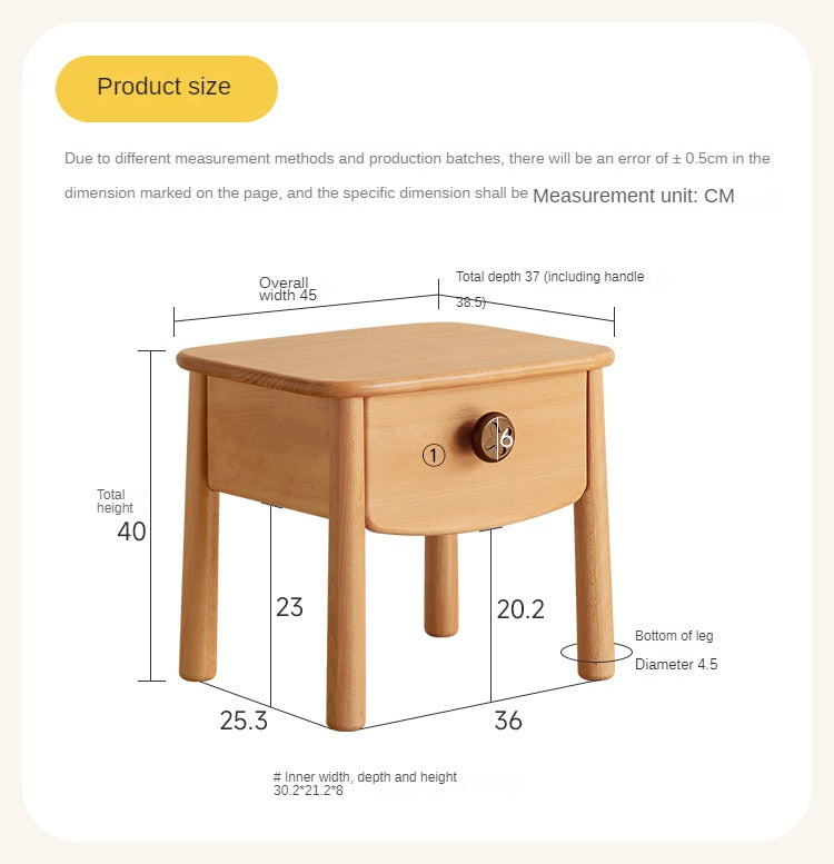 Solid Wood Modern Kids Nightstand - Beech & Rubber Wood Bedside Table for Children's Room - Perfect for Bedrooms, Nurseries, and Dorm Rooms