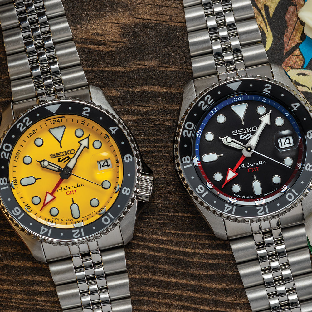 SSK017 SKX GMT Sports Watch 42.5mm Yellow Dial Stainless Steel Bracelet - Perfect for Diving, Travel & Outdoor Adventures