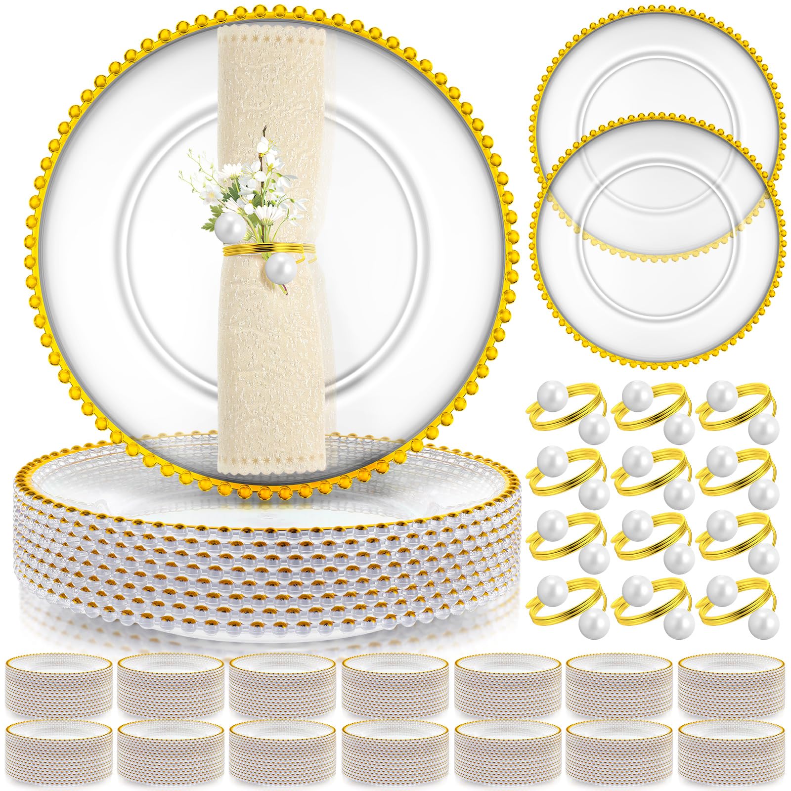 50-Pack Clear & Gold Beaded Plastic Charger Plates 13 Inch with Napkin Rings - Acrylic Round Dinner Plates for Wedding, Party & Special Events - Elegant Table Decor for Formal Dining & Celebrations