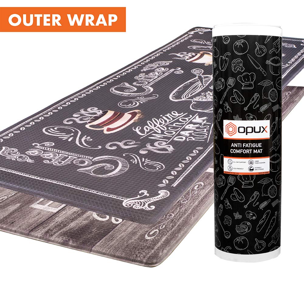 OPUX Anti-Fatigue Kitchen Floor Mat - Reversible Memory Foam Cushion, Waterproof Non-Slip Standing Mat for Office & Home (47x17 Inches, Farmhouse Coffee) - Perfect for Kitchens, Laundry Rooms & Workstations