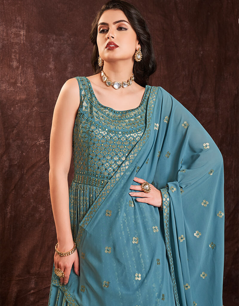 Elegant Blue Georgette Anarkali Dress for Women - Party Wear, Wedding Guest Outfit, Festive Occasions