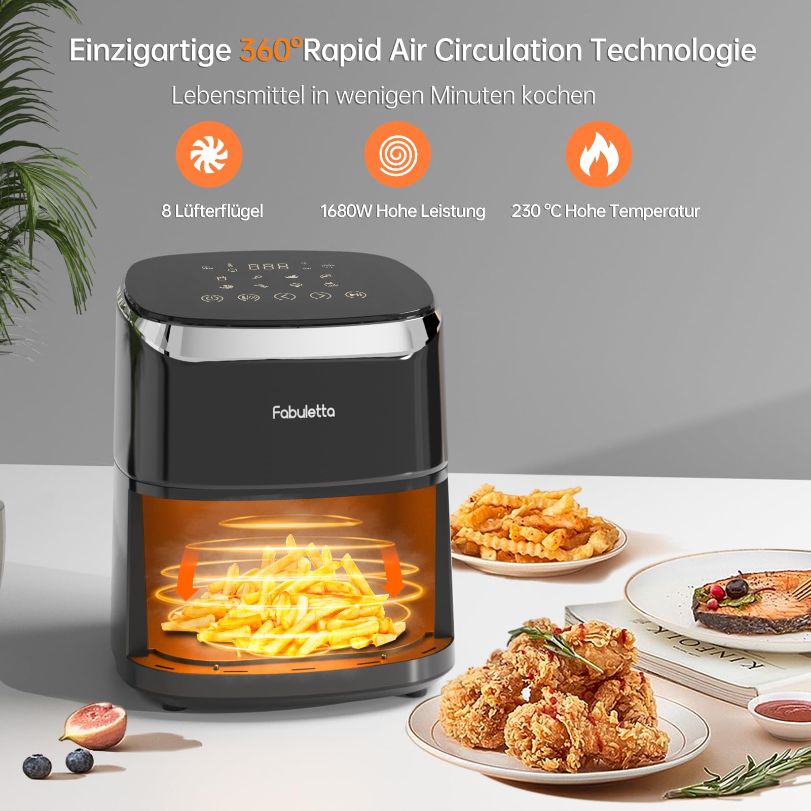 Fabuletta 4L Air Fryer with 9-in-1 Functions, 230°C Max Temperature, Digital LED Touchscreen, Rapid Air & Fat Removal Technology - Preheat & Shake Mode (Black) | Perfect for Healthy Frying, Baking, Roasting & Meal Prep in Home Kitchen
