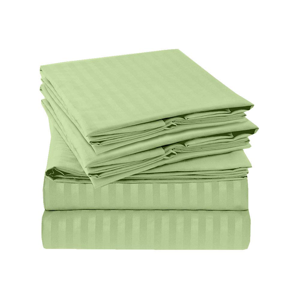 Premium 100% Certified Giza Egyptian Cotton Bed Sheet Set - Cal King Size, 4-Piece, Sage Stripe | Ultra-Soft & Breathable Luxury Bedding for Master Bedroom, Guest Room, or Hotel Use