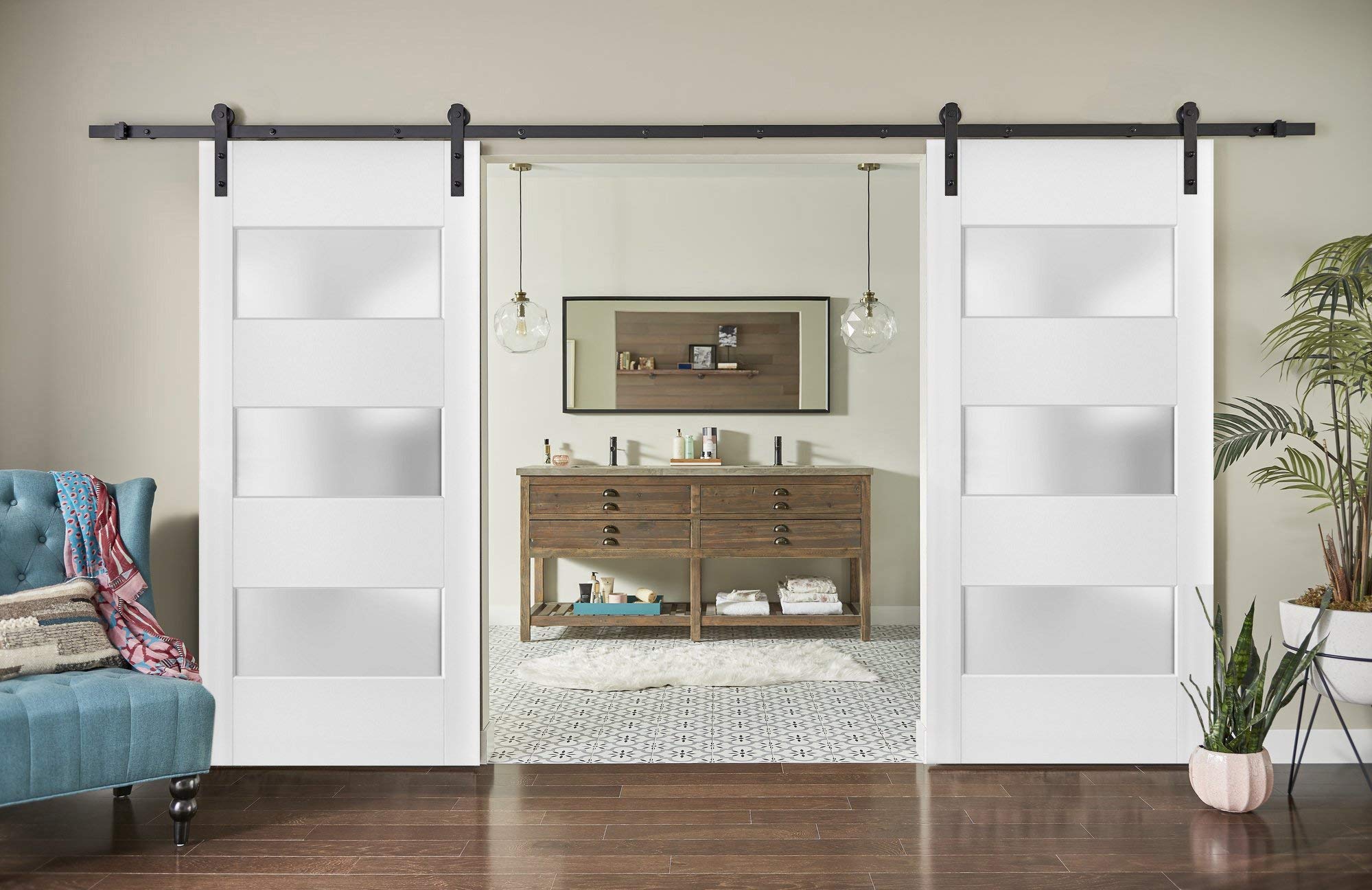 48x96 Inch Frosted Glass Double Barn Doors - Heavy Duty Solid Panel Interior Doors with 13FT Top Mount Rail Hangers | White Silk Finish | Perfect for Farmhouse, Rustic & Modern Home Decor