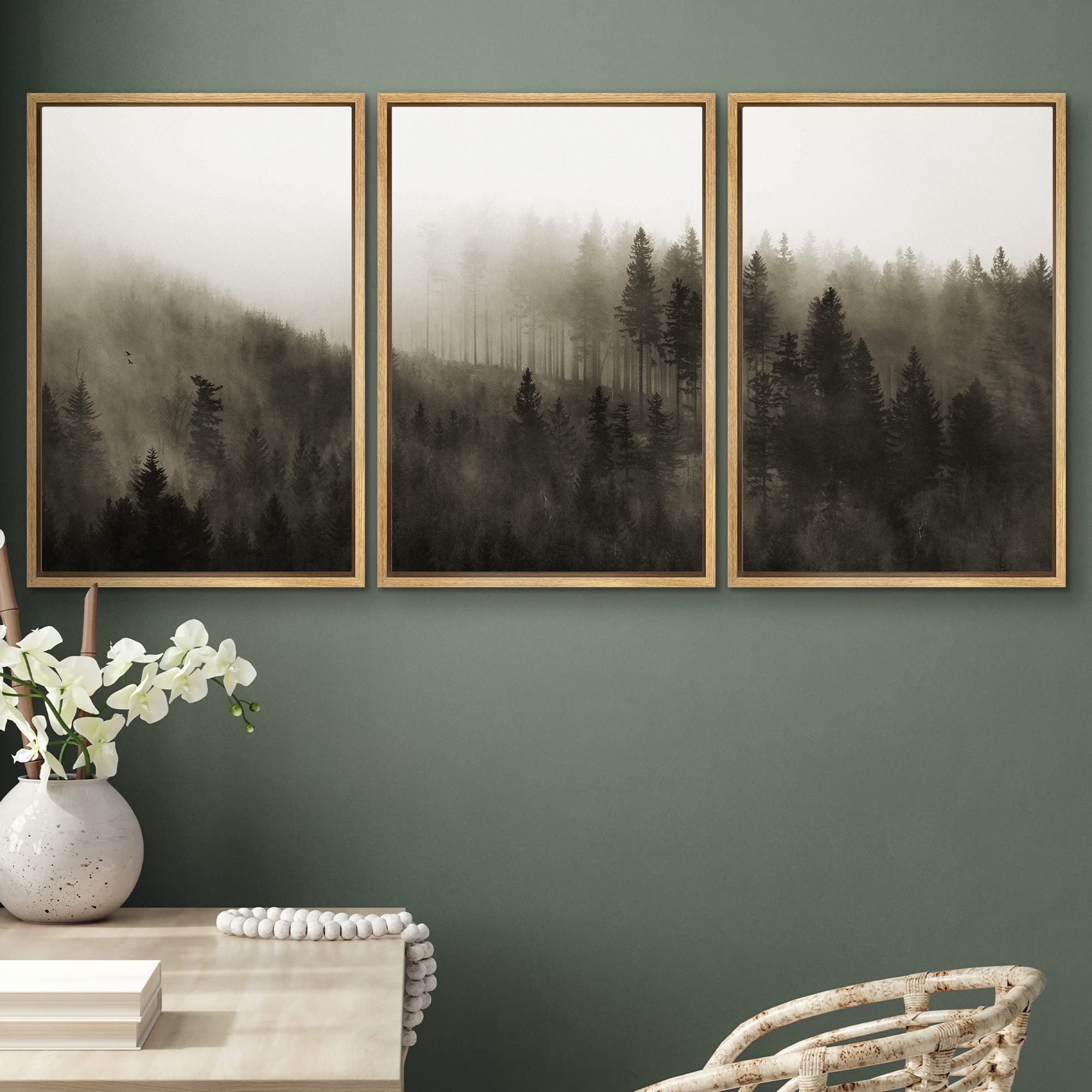 Framed Canvas Print Wall Art - Woodland Nursery Decor Set with Misty Pine Tree Forest Landscape, Modern Rustic Nature Art for Living Room, Bedroom, Office - 24