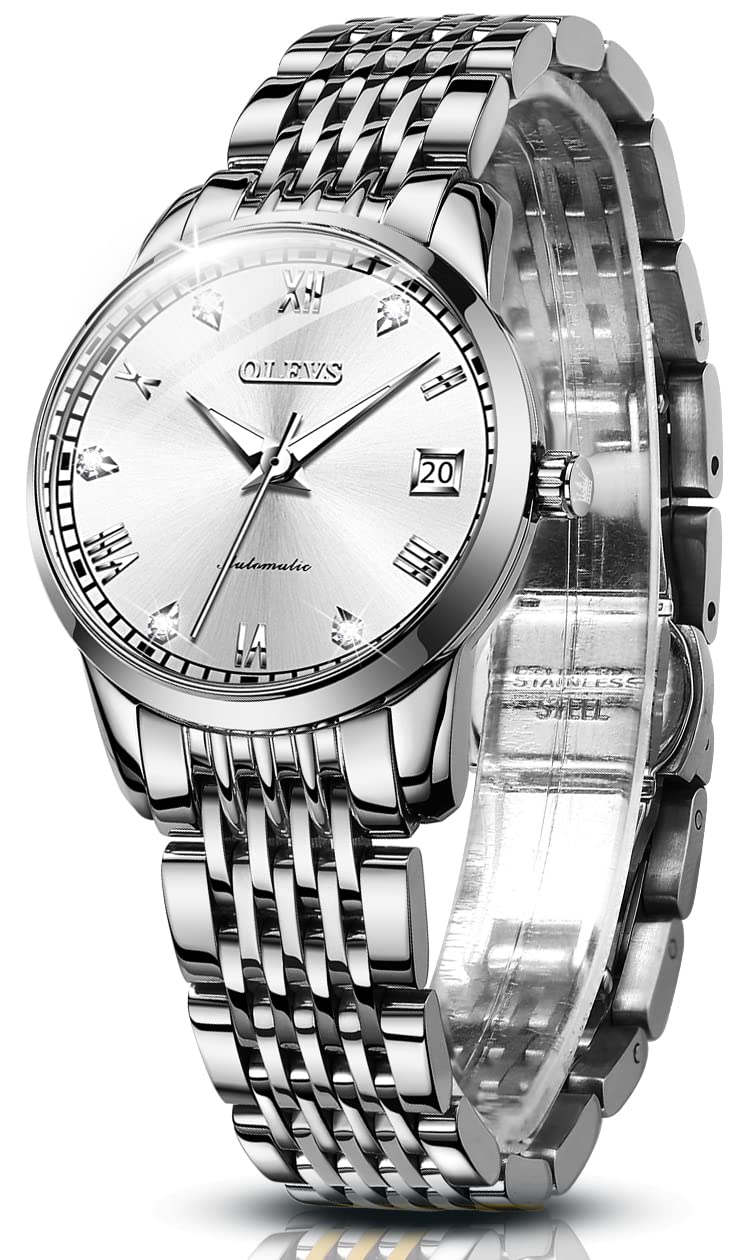 OLEVS Women's Automatic Self-Winding Stainless Steel Mechanical Watch with Diamond Accents - Luminous Waterproof Ladies Wristwatch for Business, Evening & Everyday Wear