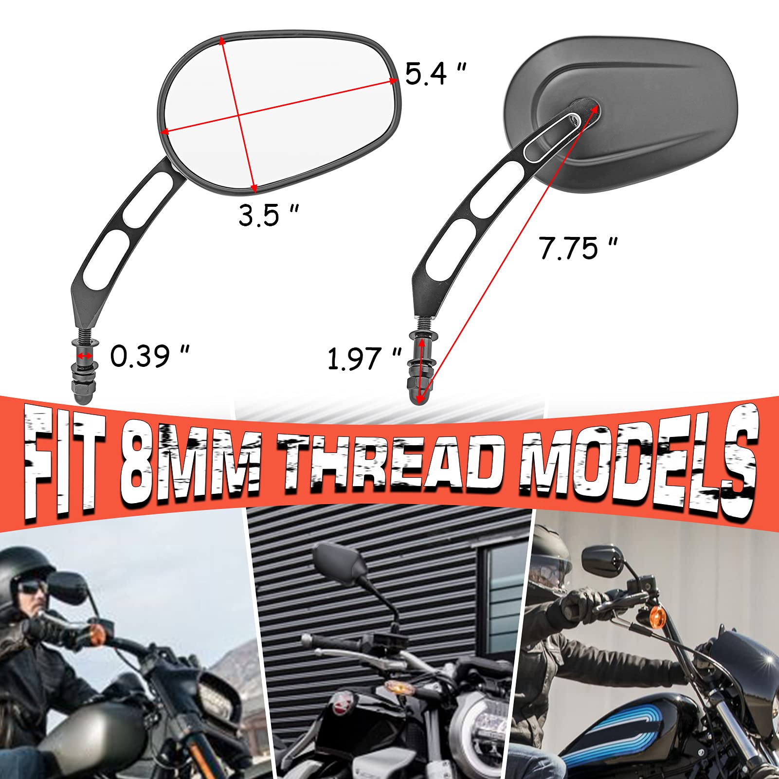 8MM Rear View Side Mirrors for Motorcycle - Hollow Handlebar Mount Mirrors Gloss Black - Compatible with Harley Sportster, Dyna, Softail, Touring, Electra, Street Glide, Road Glide, Road King - Perfect for Enhanced Safety and Style on Cruiser Bikes