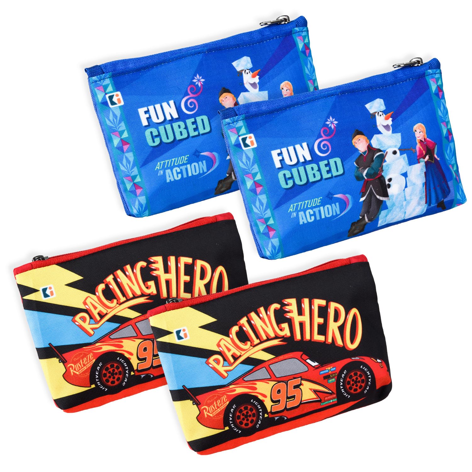Kuber Industries 4-Pack Square Pencil Pouch for School - Kids Pen & Pencil Organizer Box, Geometry Utility Bag with Disney Design (Blue & Red) - Perfect for Students, Office Supplies & Art Storage