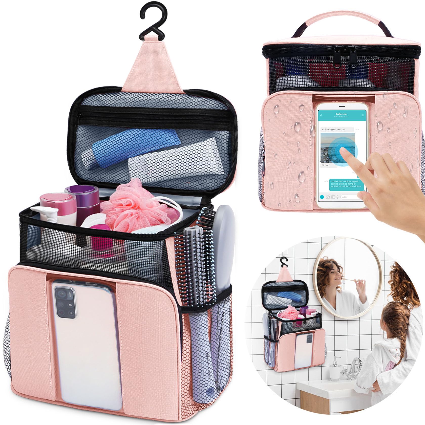 Portable Hanging Mesh Shower Caddy - Large Travel Toiletry Bag for Women & Girls, Dorm Room Essentials, Makeup Organizer for Full-Sized Toiletries - Perfect for College, Camping, Beach & Travel