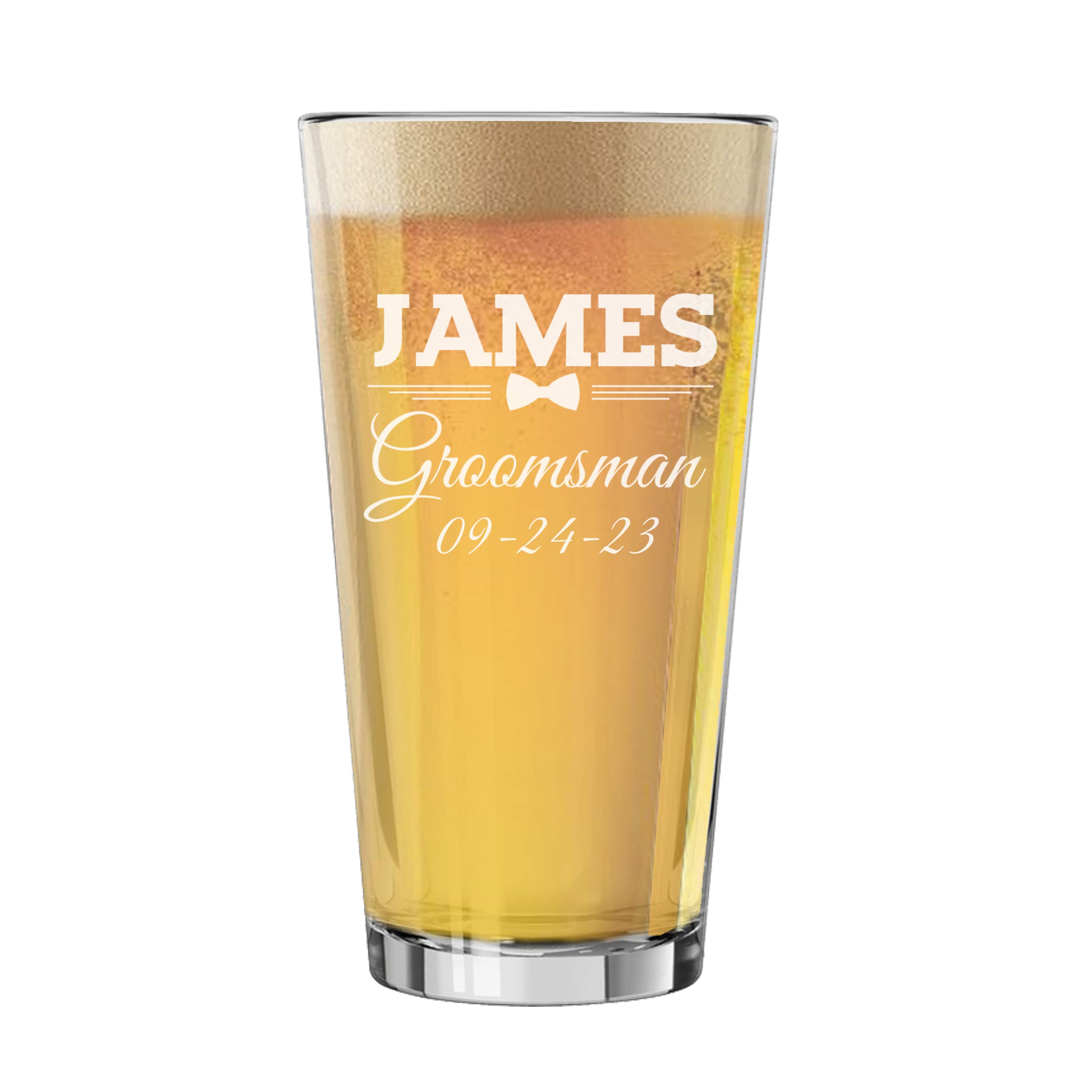 Personalized Bow Tie Groomsman Beer Glasses Set of 7 - 16 oz Custom Engraved Pint Glasses for Wedding Party - Perfect for Bachelor Parties, Groomsmen Gifts & Anniversary Celebrations