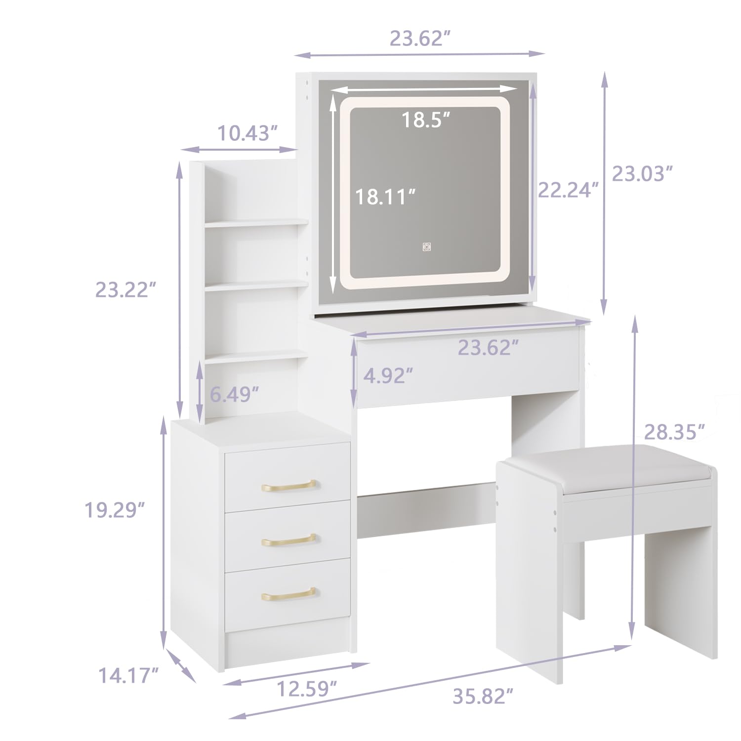 White Vanity Desk with Mirror and Lights - Makeup Dressing Table Set with 4 Large Drawers, Adjustable 3-Color LED Lighting, Bedroom Vanity Set for Women - Perfect for Makeup, Skincare & Dressing Room Organization