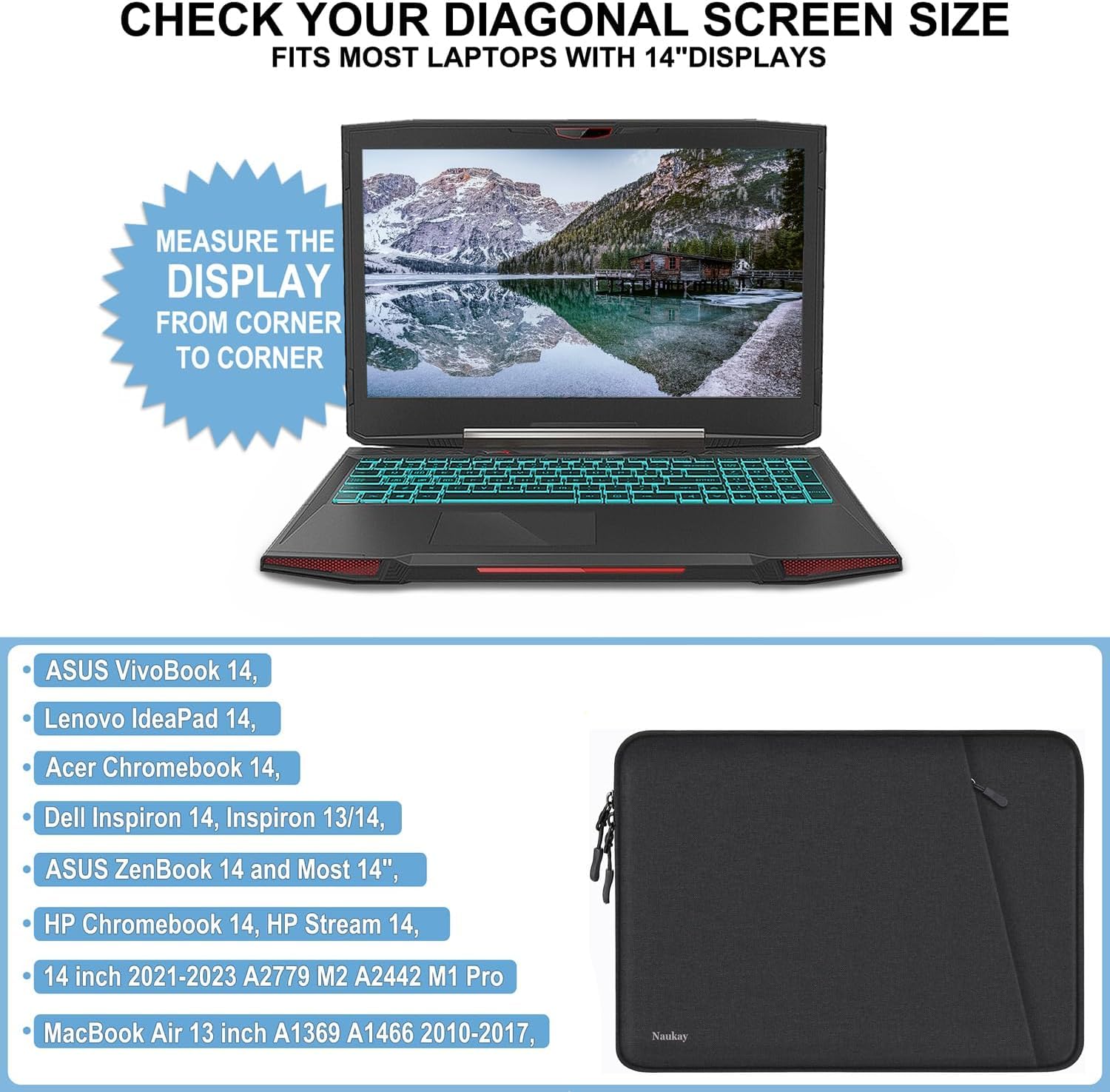 14 Inch Shockproof Laptop Sleeve Bag with Accessories Pocket - Protective MacBook Air/Pro Case for Dell, HP, Acer, Asus, Lenovo - Black - Ideal for Work, Travel & School