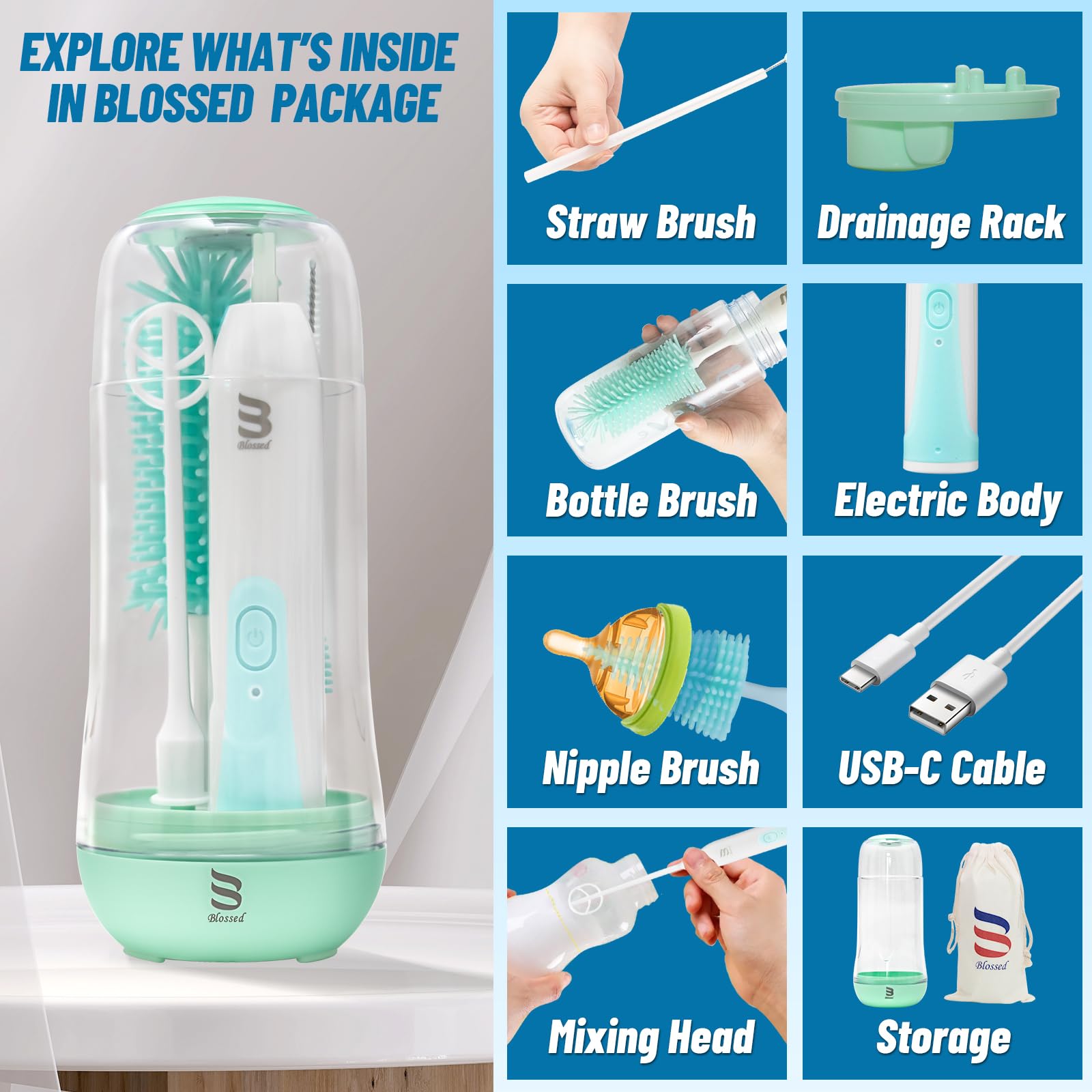 Electric Bottle Brush Cleaner with UV Light - Rechargeable & Waterproof Baby Bottle Cleaning Brush Set with 2 Heads, Straw Cleaner, Storage Pouch & Mixing Head | Perfect for Baby Bottles, Sippy Cups, Travel Mugs & Water Bottles