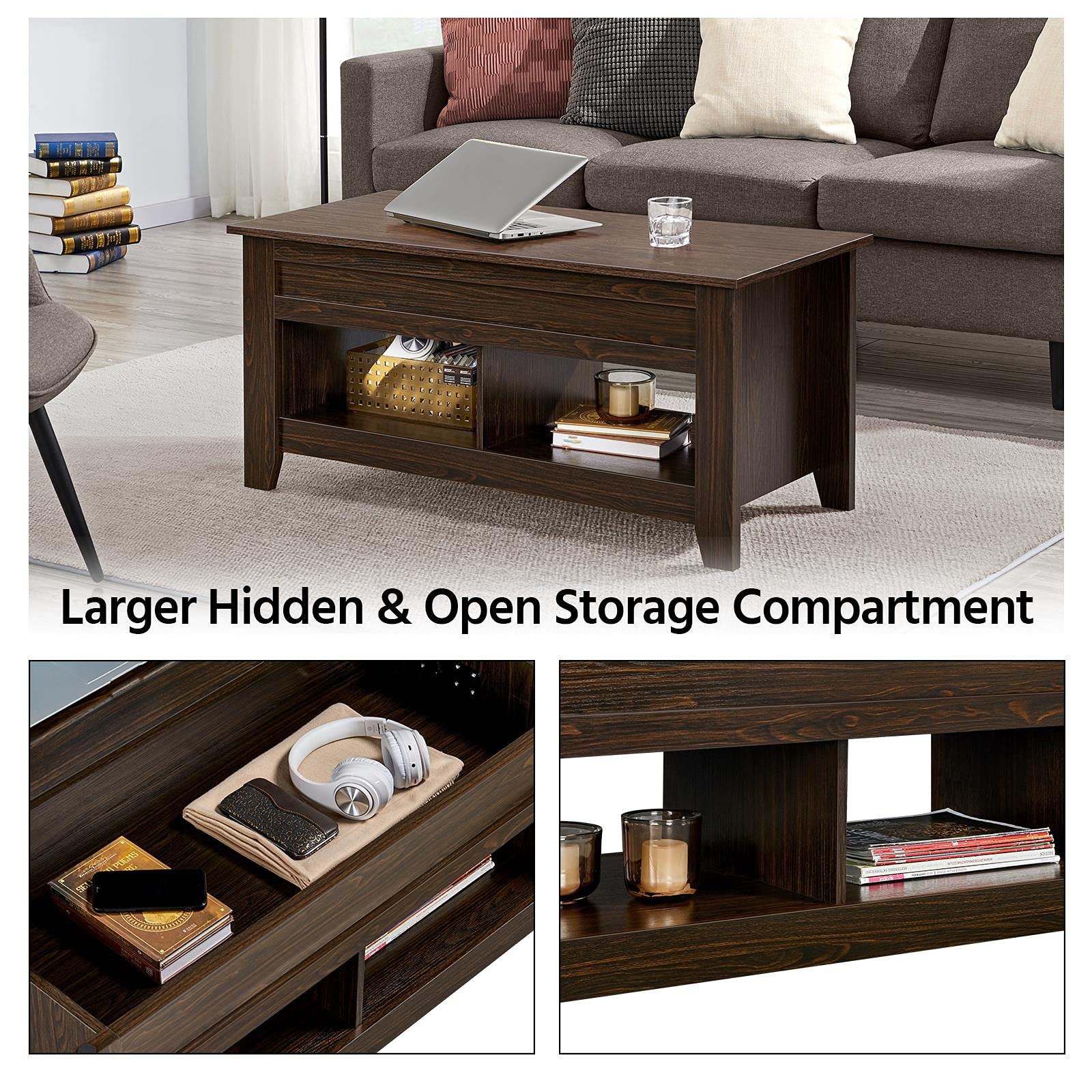 Yaheetech 41-inch Lift Top Coffee Table with Hidden Storage & Lower Shelf - Espresso Lift-Up Tabletop for Living Room, Dining, and Small Spaces
