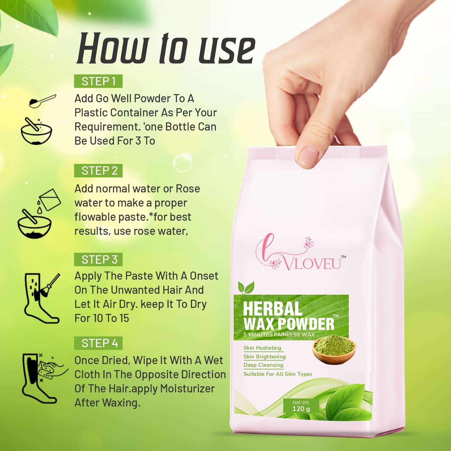 VLOVEU Herbal Wax Powder for Hair Removal - 120g Natural Painless Facial Hair Remover for Women | Bikini, Legs & Underarms Waxing | Quick 5-Minute Hair Removal Solution | Ideal for At-Home Spa, Salon & Travel Use
