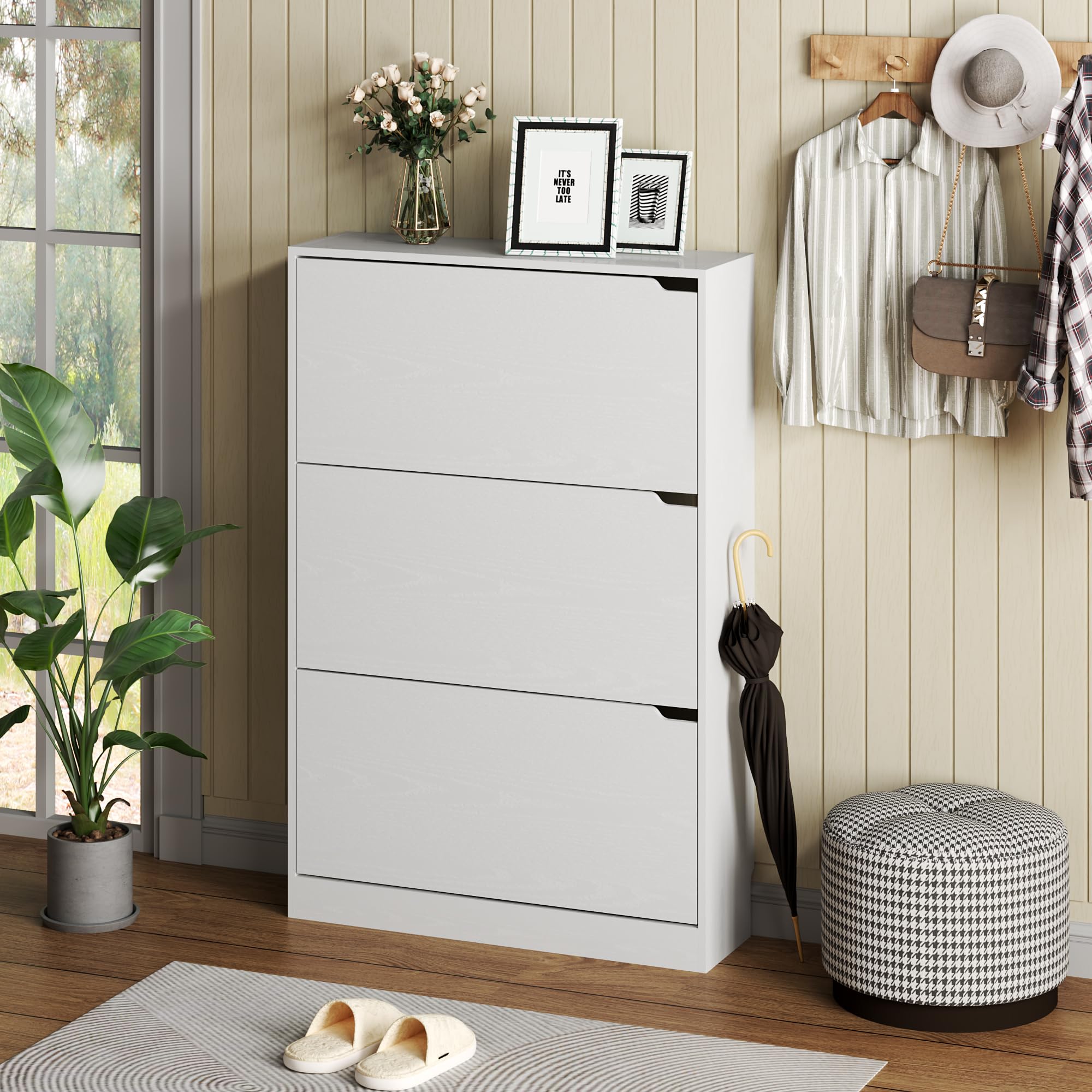 White Shoe Storage Cabinet with 3 Flip Drawers - Hidden Wooden Entryway Organizer (47.2