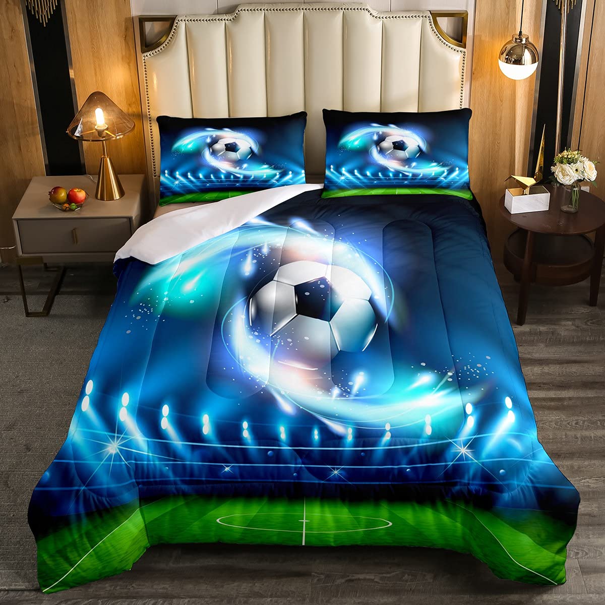Magic Football Sports Theme Full Size Comforter Set for Kids & Teens - Blue Neon Light Bedding with 1 Comforter & 2 Pillowcases - All Seasons Down Duvet for Cozy Bedroom & Game Room Decor